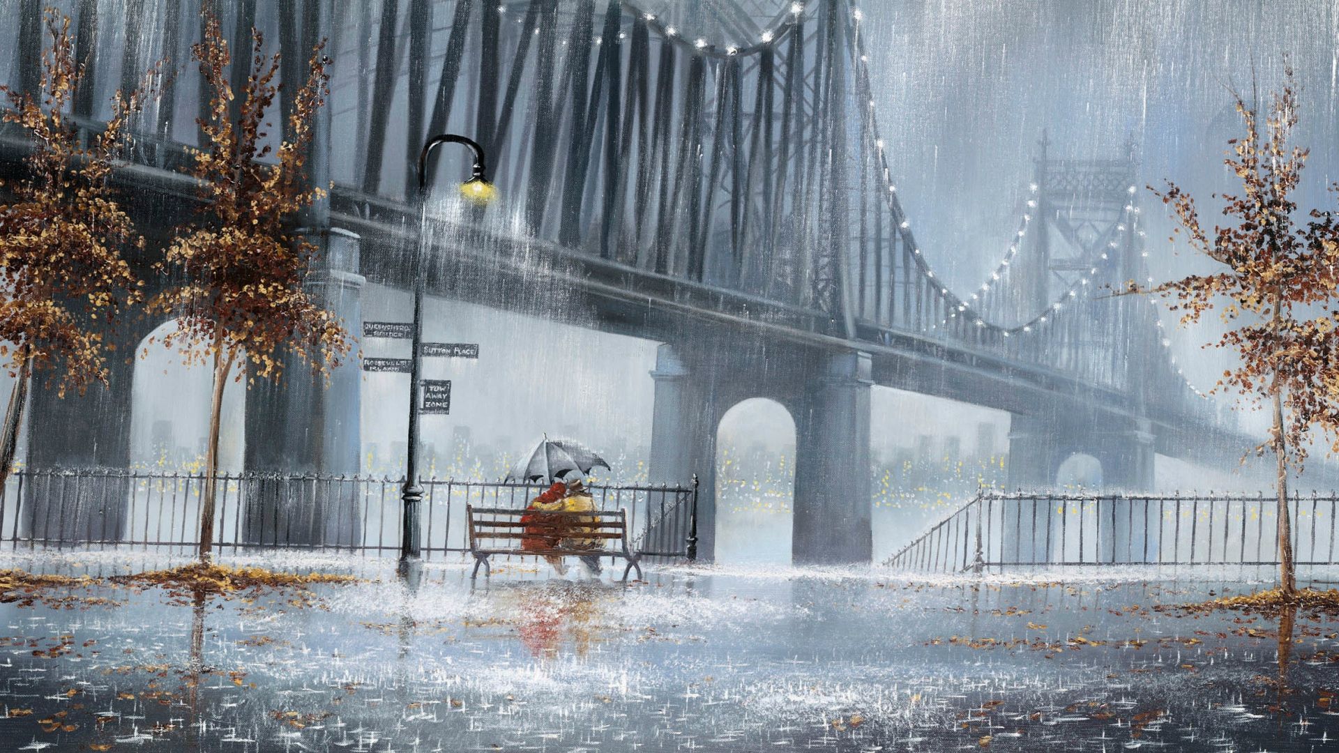 Wallpaper rain, trees, lights, street benches, two, couple, umbrella