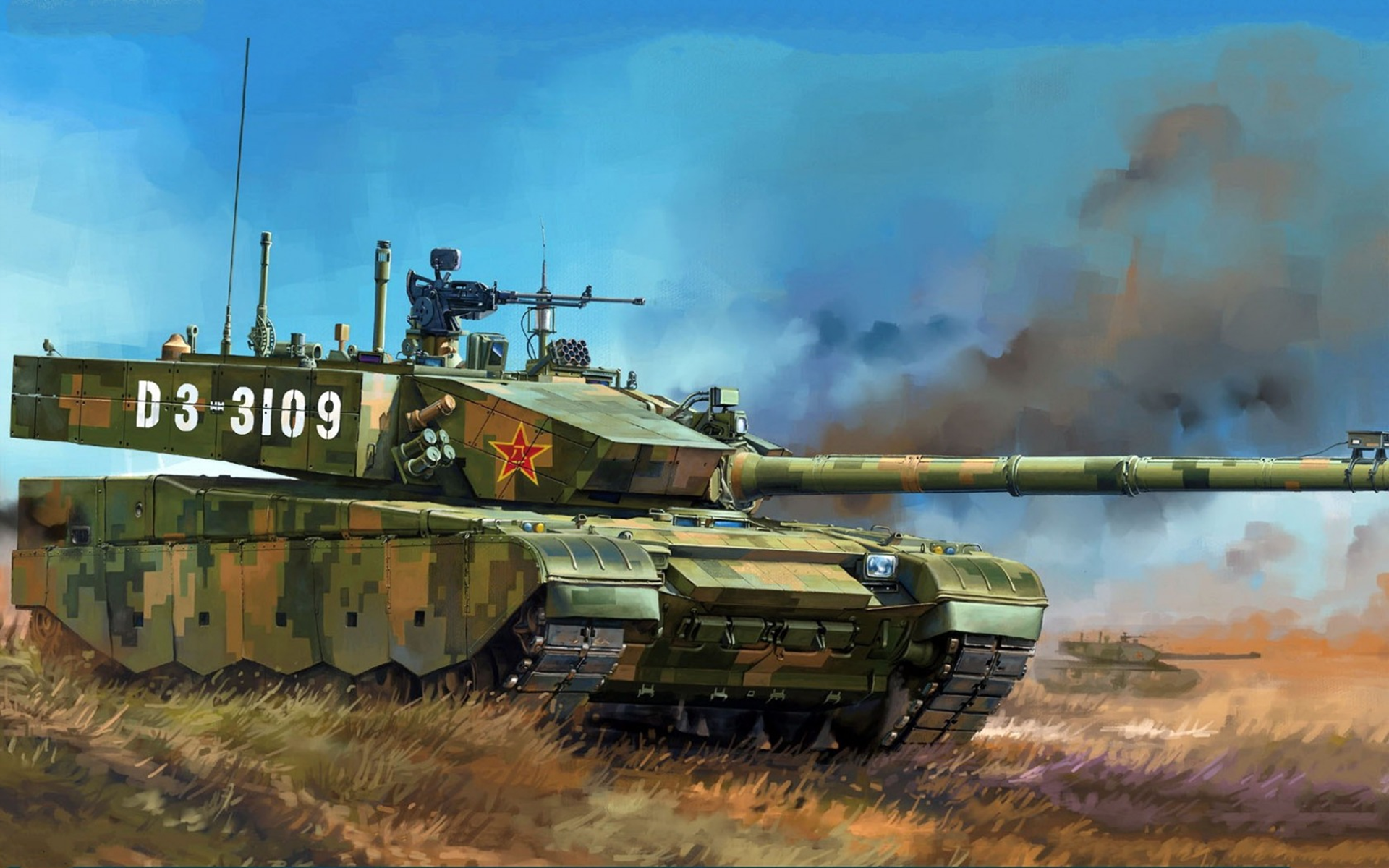 Download Wallpaper Type Chinese Main Battle Tank, Chinese Army, Field, Smoke, Drawing, Modern Armored Vehicles, ZTZ 99A For Desktop With Resolution 1920x1200. High Quality HD Picture Wallpaper
