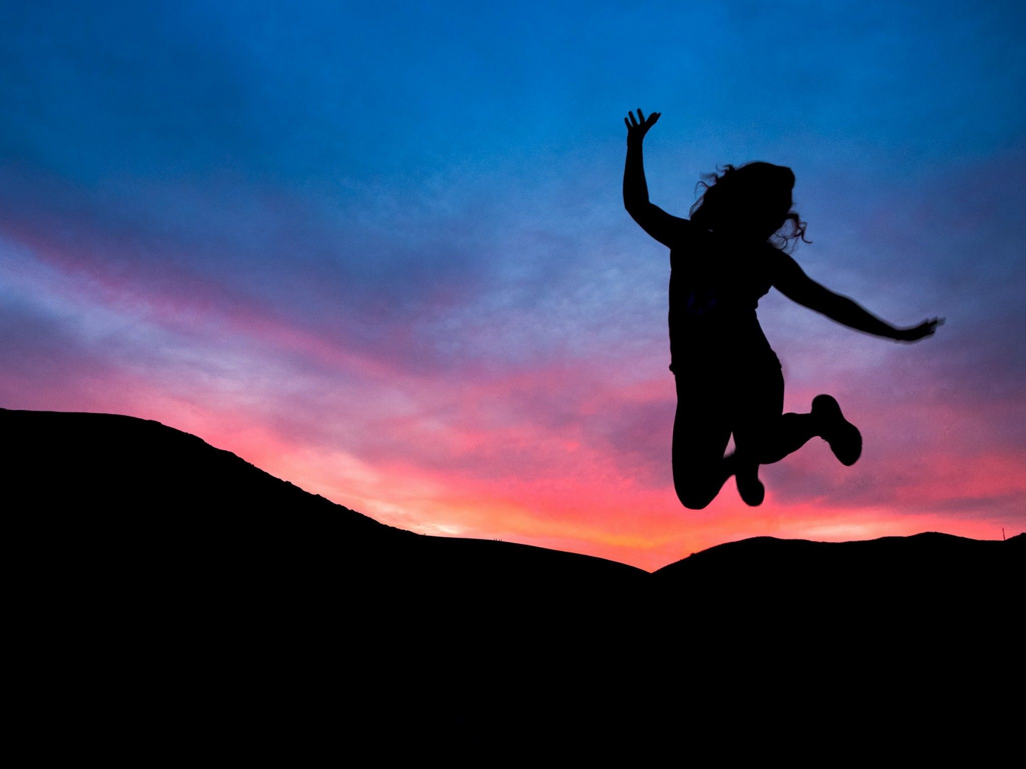 Person 4K Wallpaper, Silhouette, Sunset, Jumping, Mood, Happy, Joy, Photography