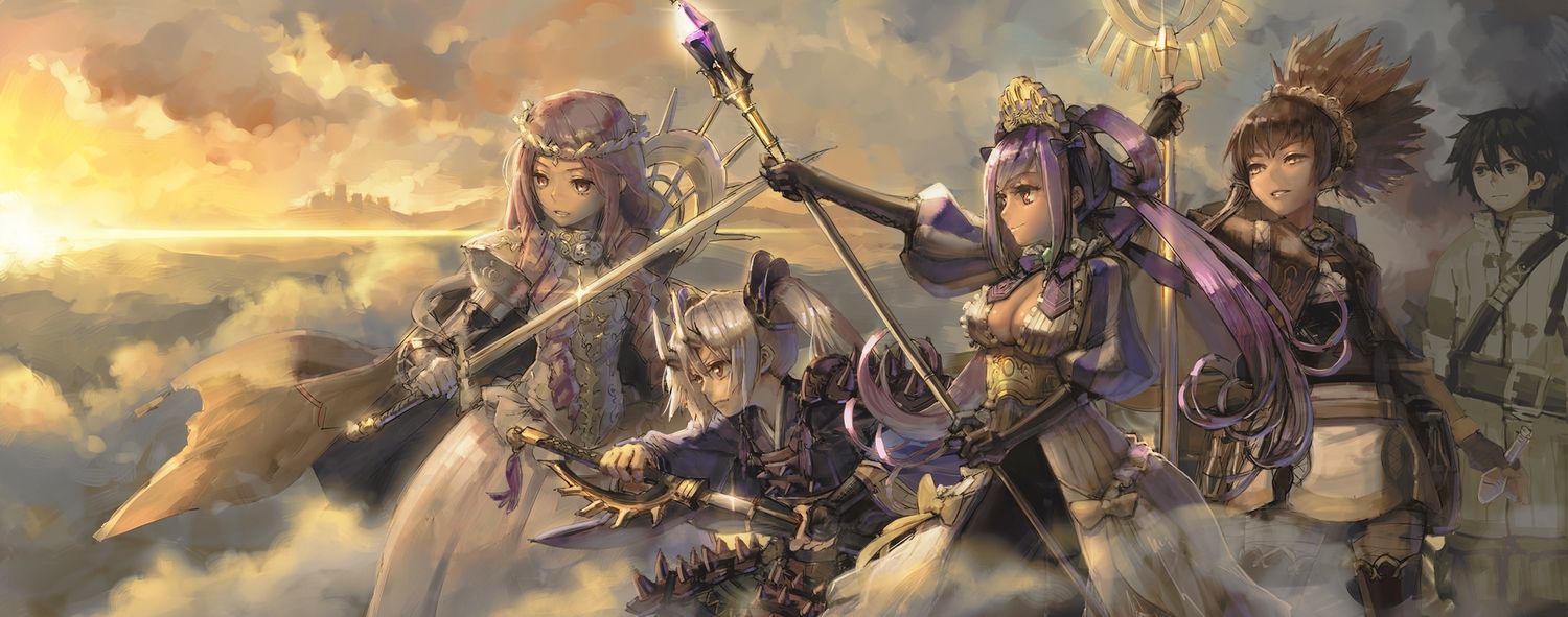 armor aro (aromatera) black eyes black hair breasts brown hair cape chain chronicle cleavage clouds crown elbow gloves gloves gray hair group headdress long hair mage pink eyes pink hair ponytail purple