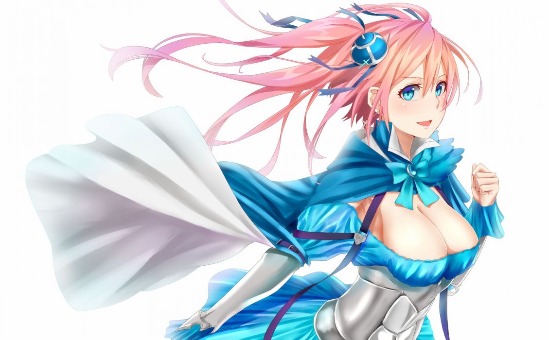 Armor blue eyes bow breasts cape chain chronicle cleavage jpeg artifacts long hair pink hair ribbons shijiu (adamhutt) wallpaperx1190