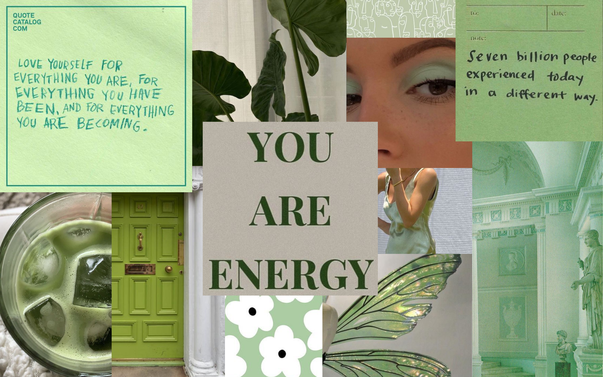 Sage green MacBook collage wallpaper. Green quotes, Collage book, Quote catalog