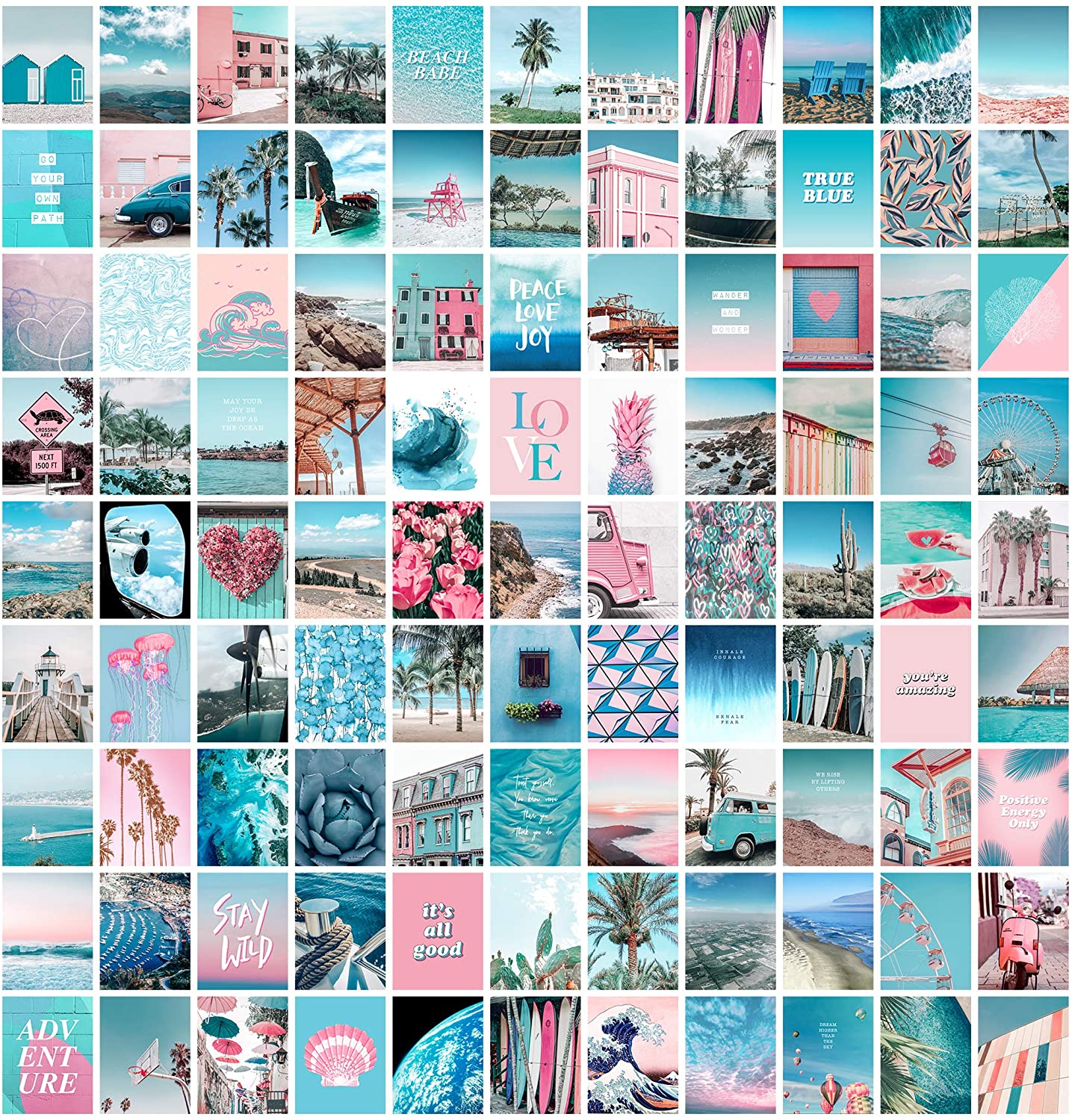 Blue Aesthetic Wall Collage Kit, 100 Set 4x6 inch, Pink VSCO Room Decor for Teen Girls, Summer Beach Wall Art Print, Dorm Photo Collection, Small Posters for Room Aesthetic: Posters
