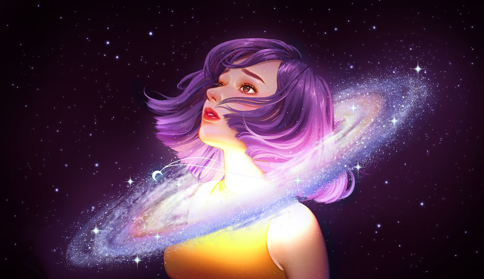 Wallpaper, digital art, galaxy, nebula, women, purple background, purple hair, stars, yellow shirt 1616x930