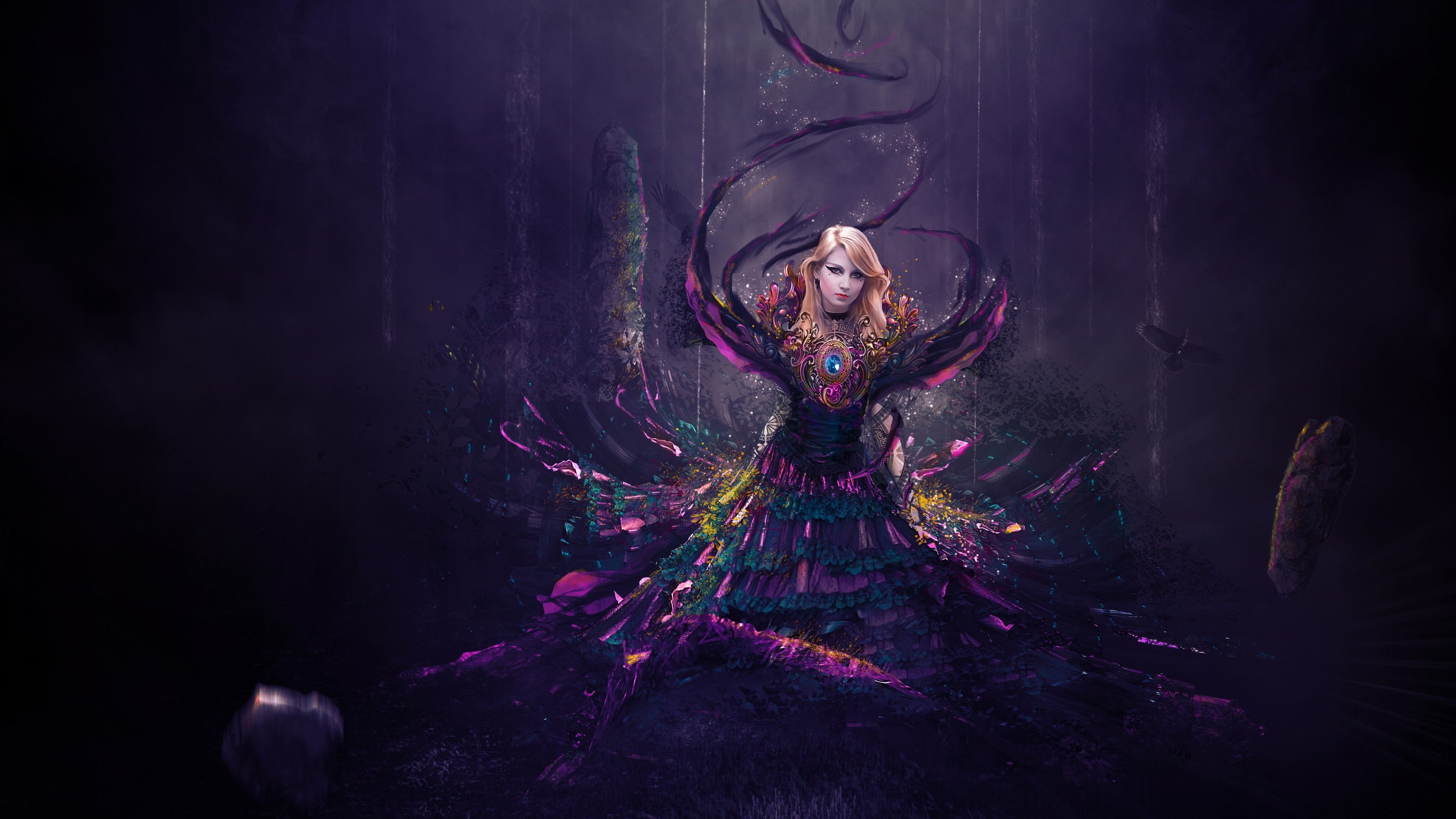 Fantasy Girl Purple Background Digital Art Women Makeup Blonde Wallpaper:3840x2160