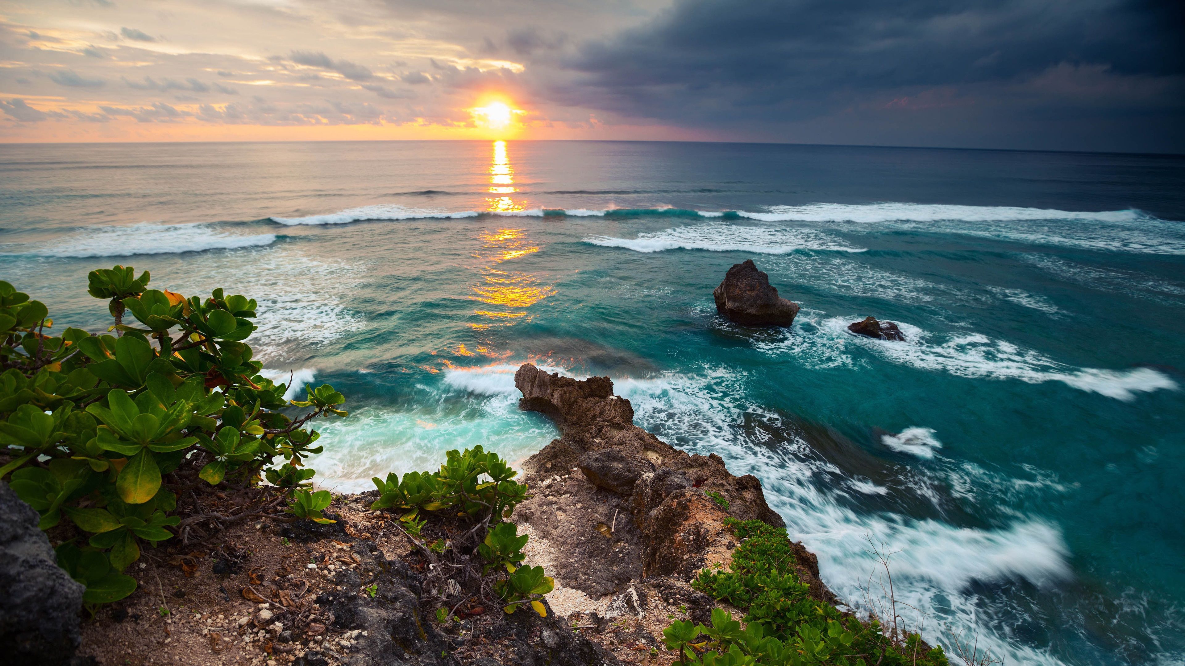 Wallpaper Indonesia, Bali island, tropical nature scenery, sea, waves, sunset 3840x2160 UHD 4K Picture, Image