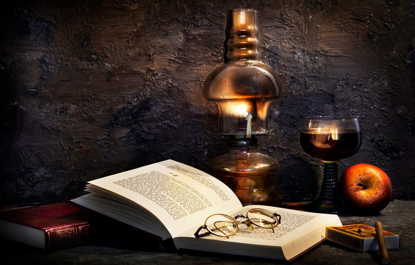 Wallpaper books, lamp, Apple, glasses, Burning the midnight oil image for desktop, section стиль