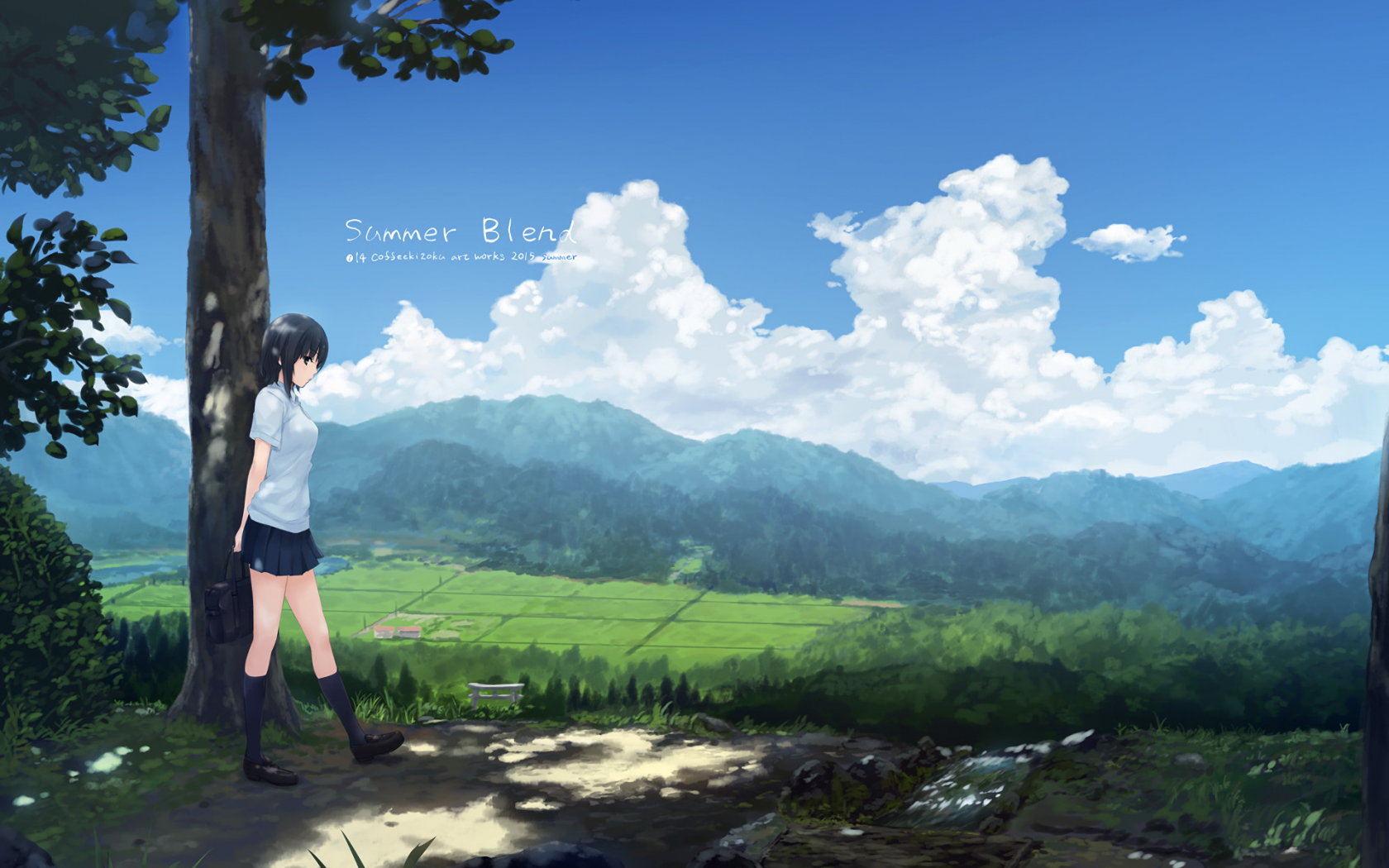 Download 1680x1050 Anime Landscape, Scenic, Girl, Summer Blend, Sky, Clouds, Field Wallpaper for MacBook Pro 15 inch
