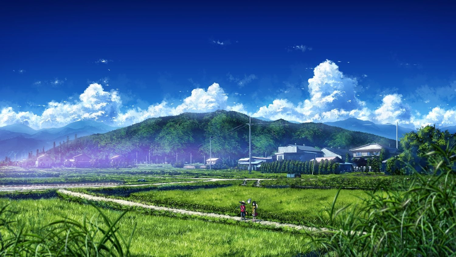 black_hair bokuden clouds grass hat landscape original scenic shorts sky summer. Anime scenery, Scenery wallpaper, Anime scenery wallpaper