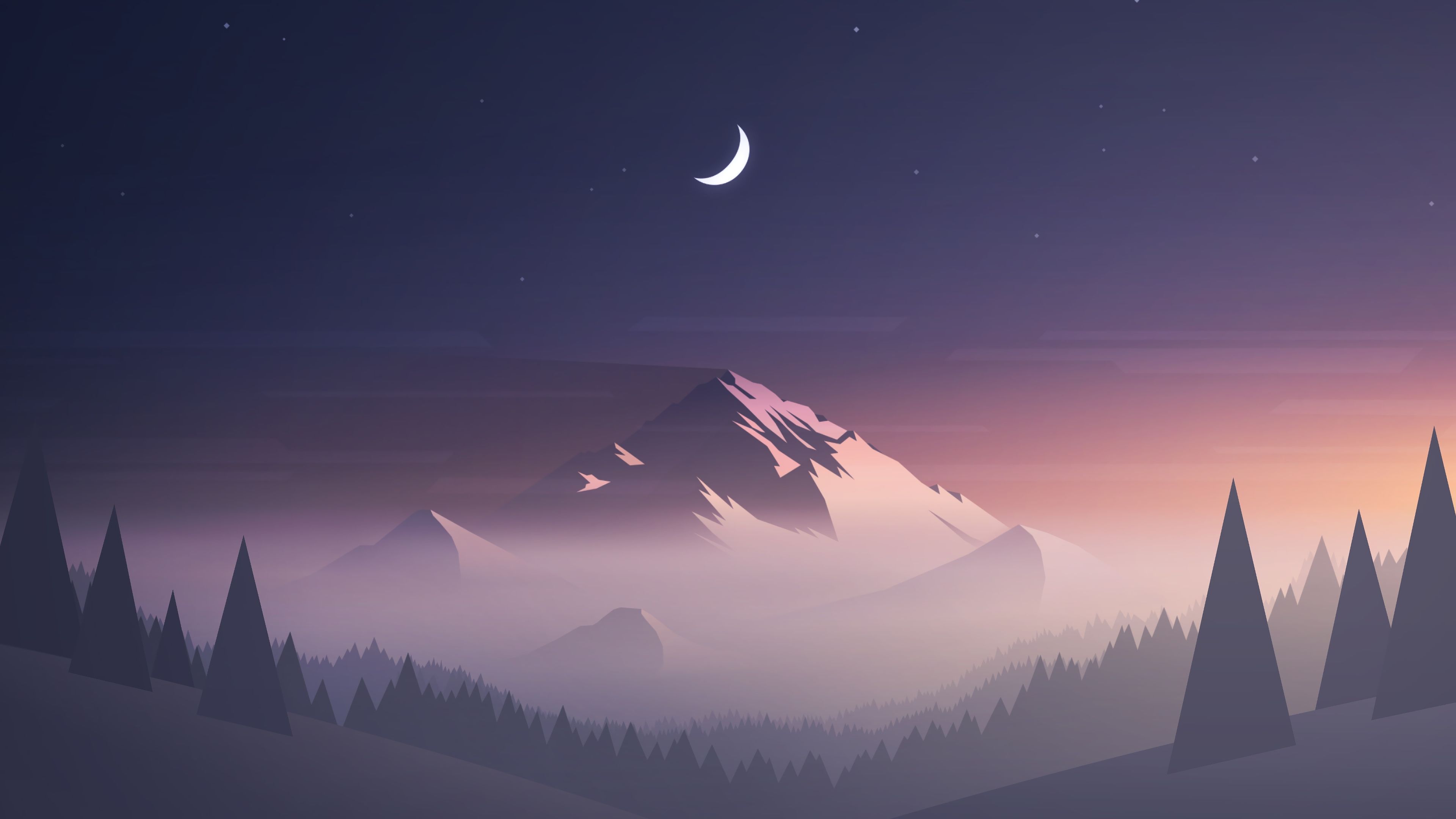 Minimalist Mountain Landscape Night Moon 4K