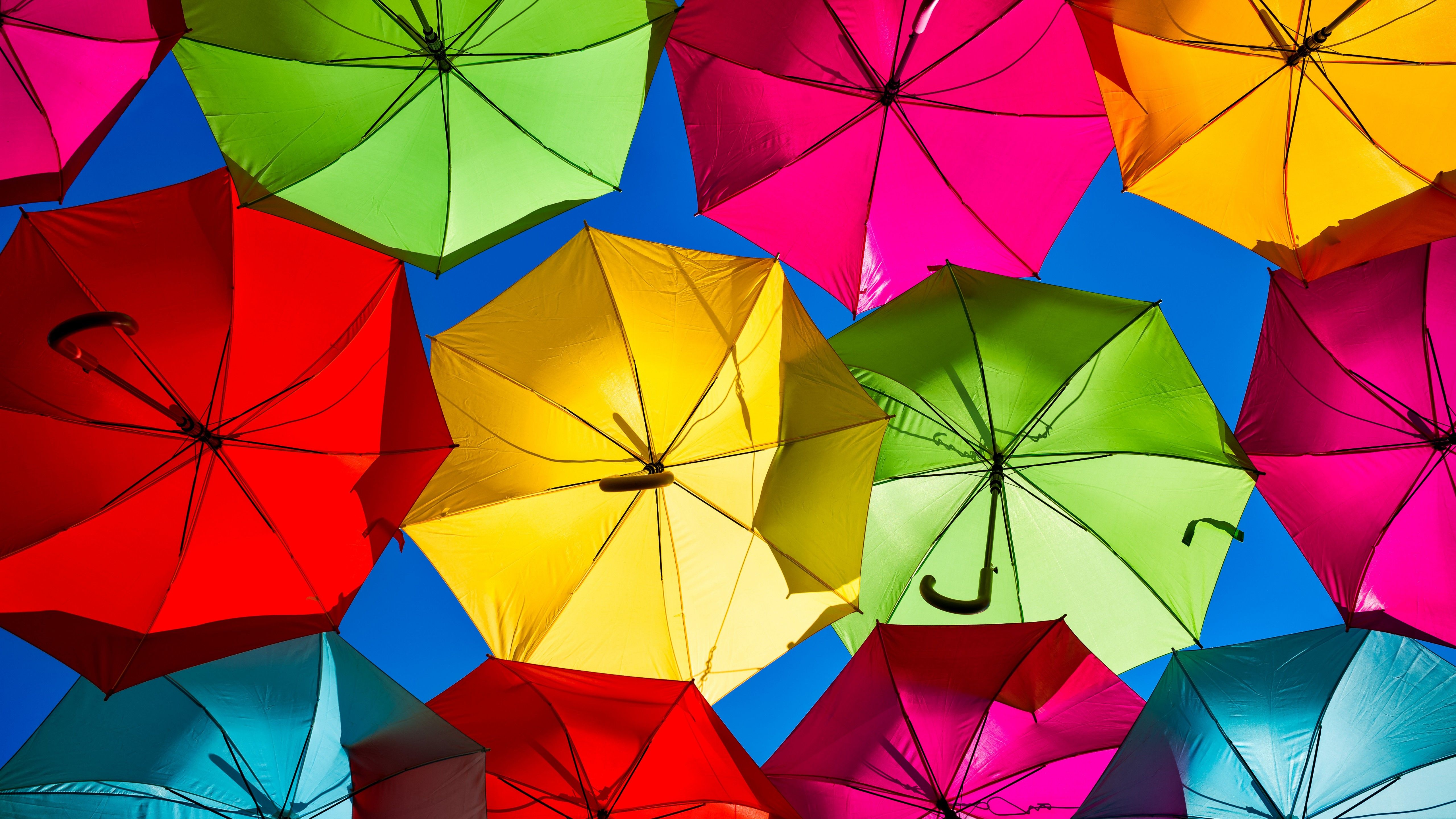 Umbrellas 4K Wallpaper, Street festival, Colorful, Looking up at Sky, Rainbow colors, 5K, Photography
