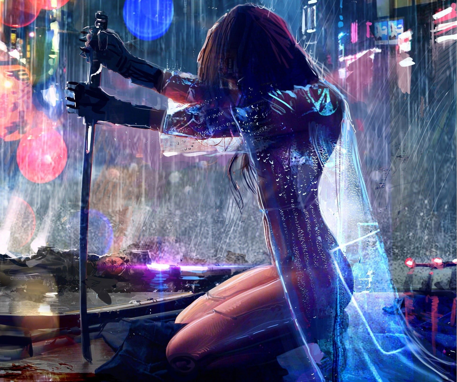 Woman with sword wallpaper, women, artwork, warrior, rain, cyberpunk • Wallpaper For You HD Wallpaper For Desktop & Mobile
