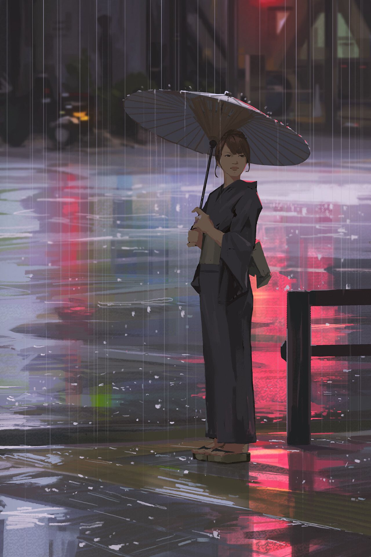 Wallpaper, women, Asian, rain, Asia, artwork, standing, umbrella 1280x1920