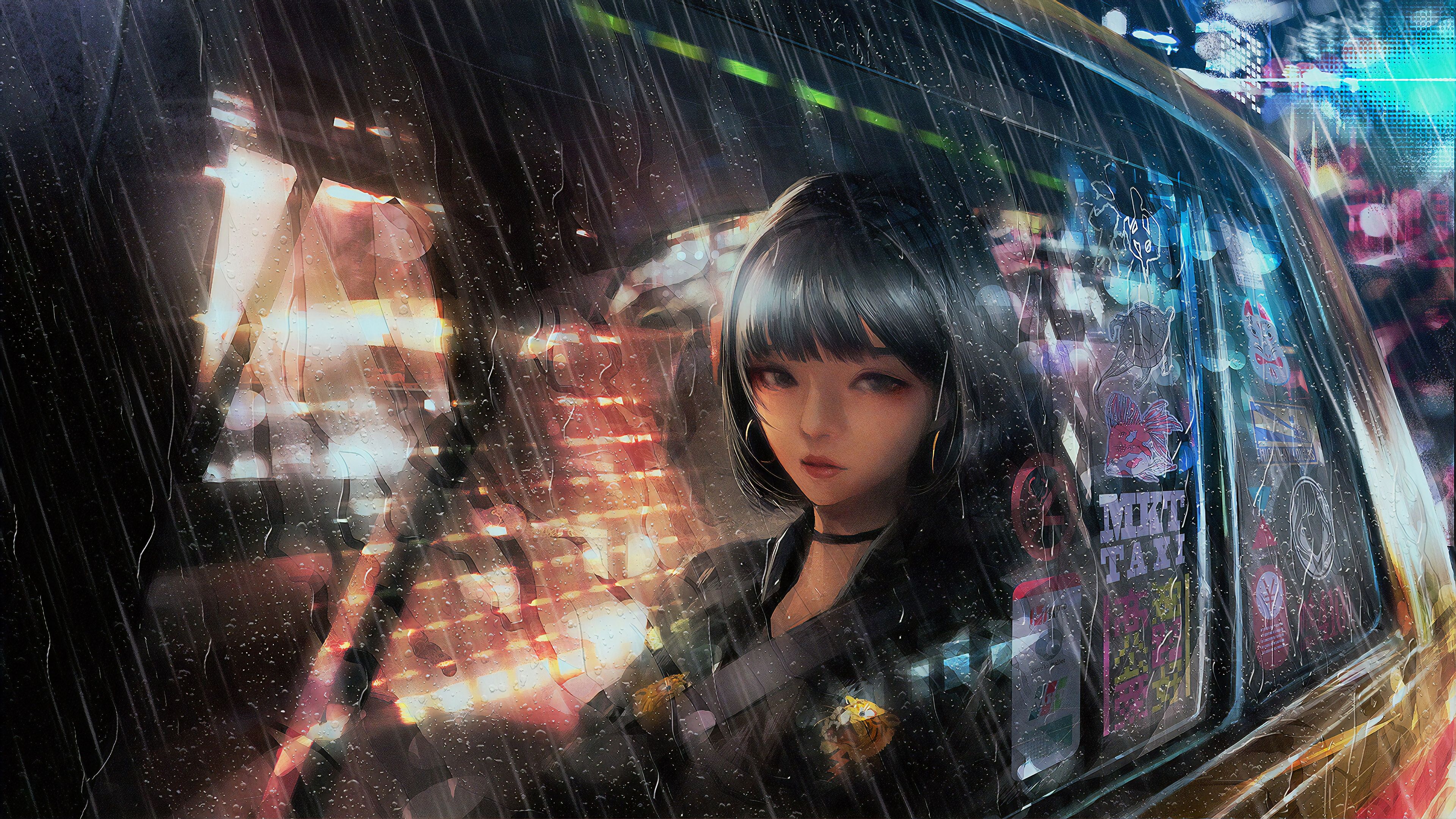 Wallpaper, digital art, artwork, women, rain, brunette, choker, taxi, night, looking out window, inside a car 3840x2160