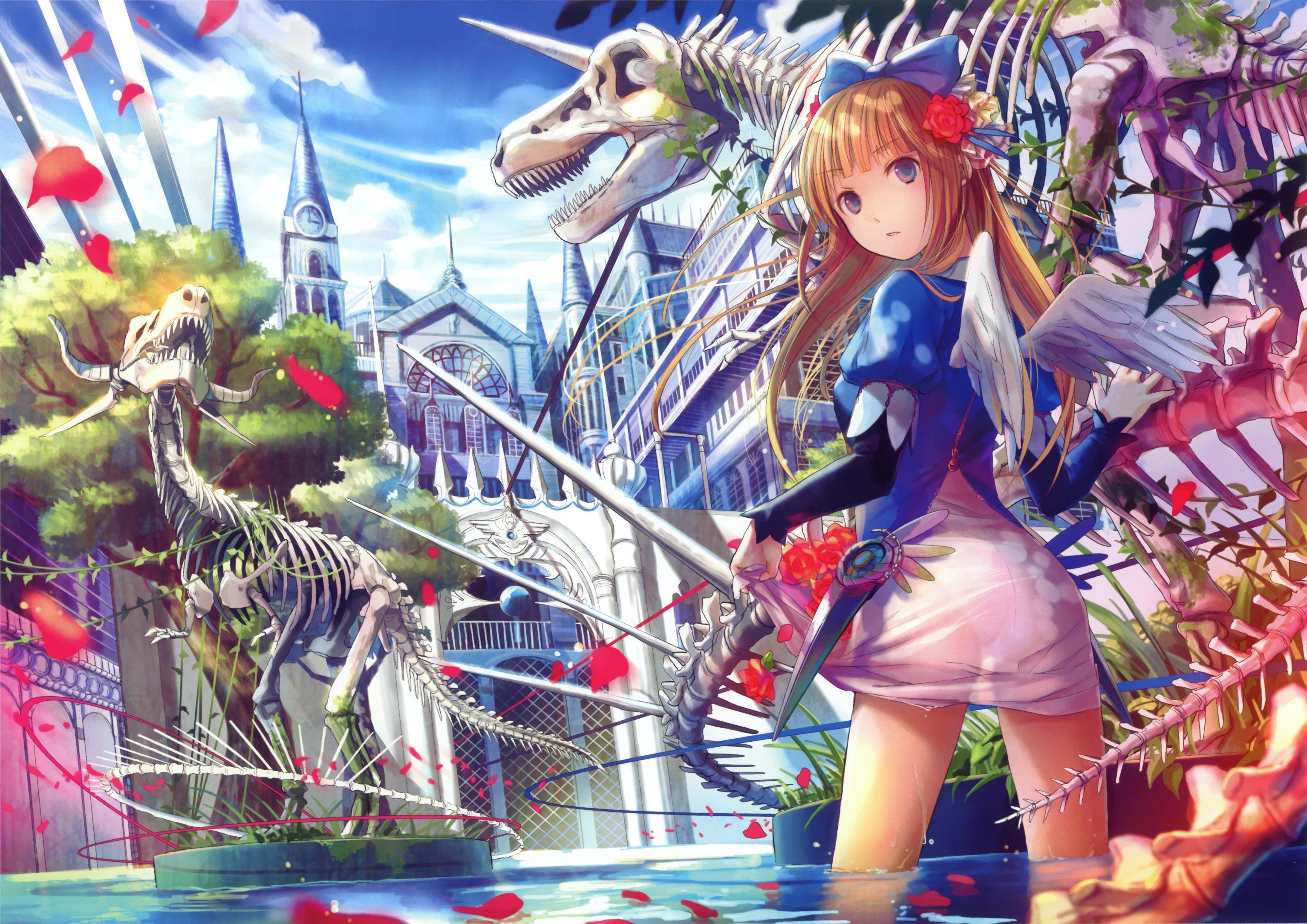 wings, Original characters, Water, Sky, Clouds, Petals, Dinosaurs, Anime, Anime girls, Trees HD Wallpaper / Desktop and Mobile Image & Photo