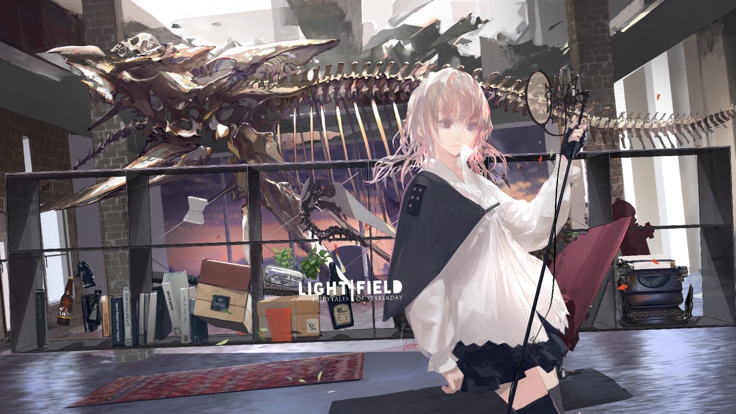 Download 2560x1440 Anime Girl, Dinosaur Skeleton, Painting Wallpaper for iMac 27 inch