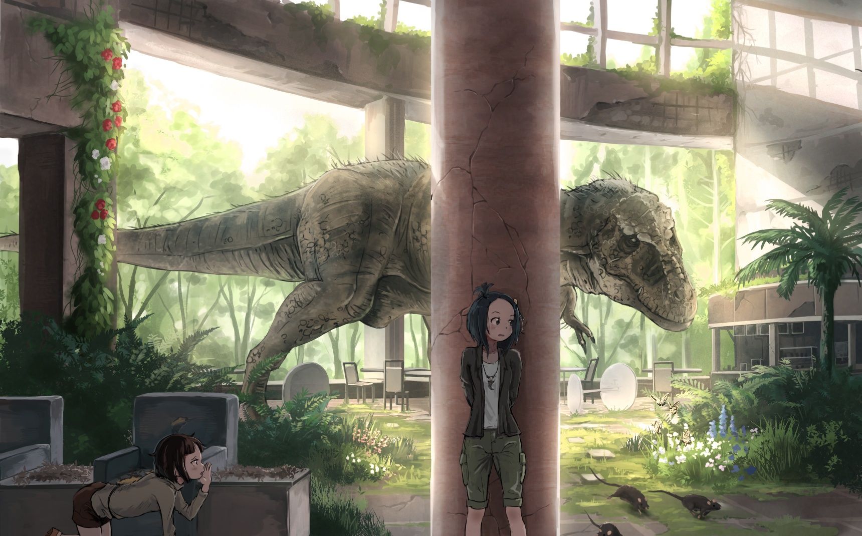 Wallpaper Building, Anime Girls, Dinosaur, Scared