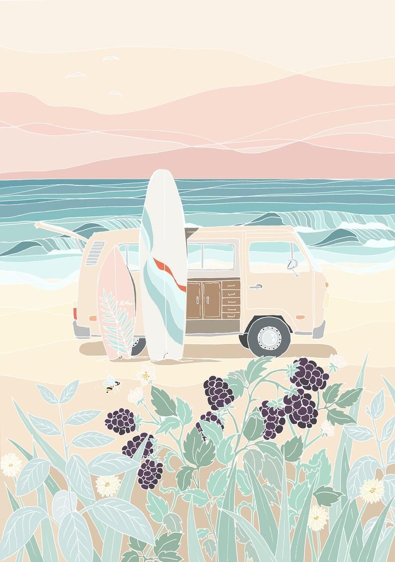 Surf Van, Summer Illustration, Ocean and Beach, Summer Vibes. Vibes art, Art, Beach illustration