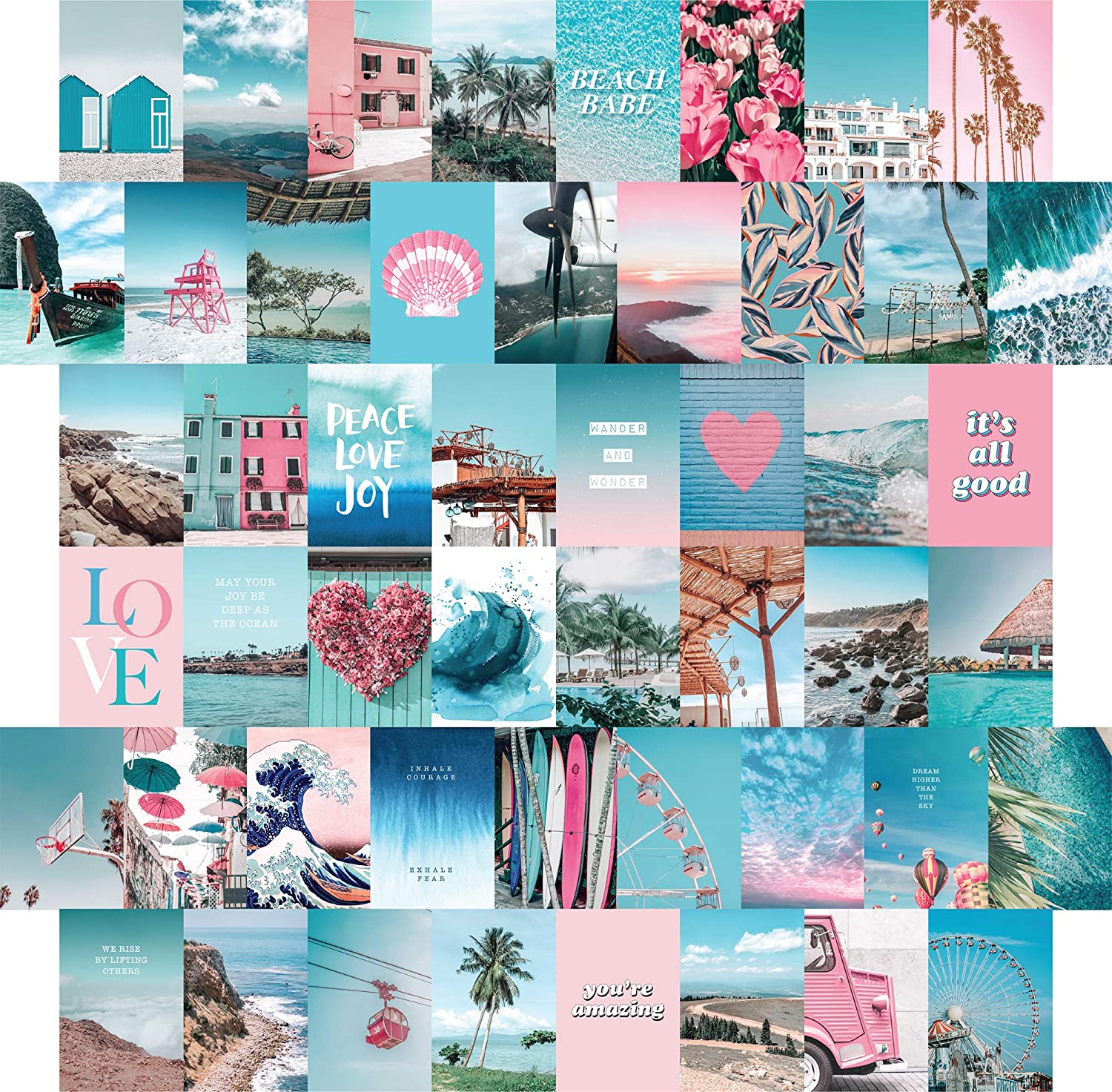 ARTIVO Blue Wall Collage Kit Aesthetic Picture, 50 Set 4x6 inch, Pink VSCO Bedroom Decor for Teen Girls, Summer Beach Wall Art Print, Dorm Photo Collection, Small Posters for Room: Posters