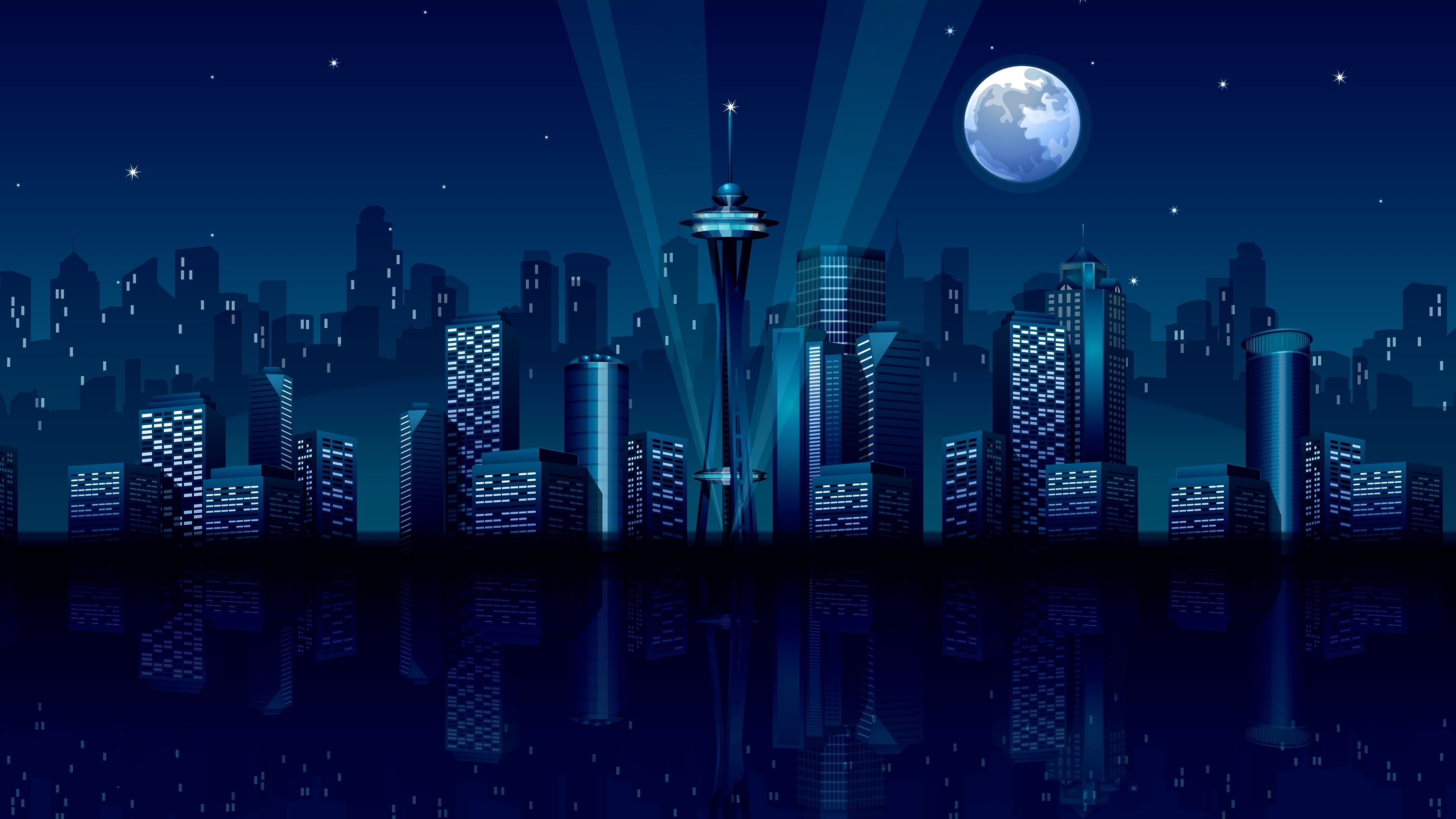 Minimalist Night City Skyscraper 4K