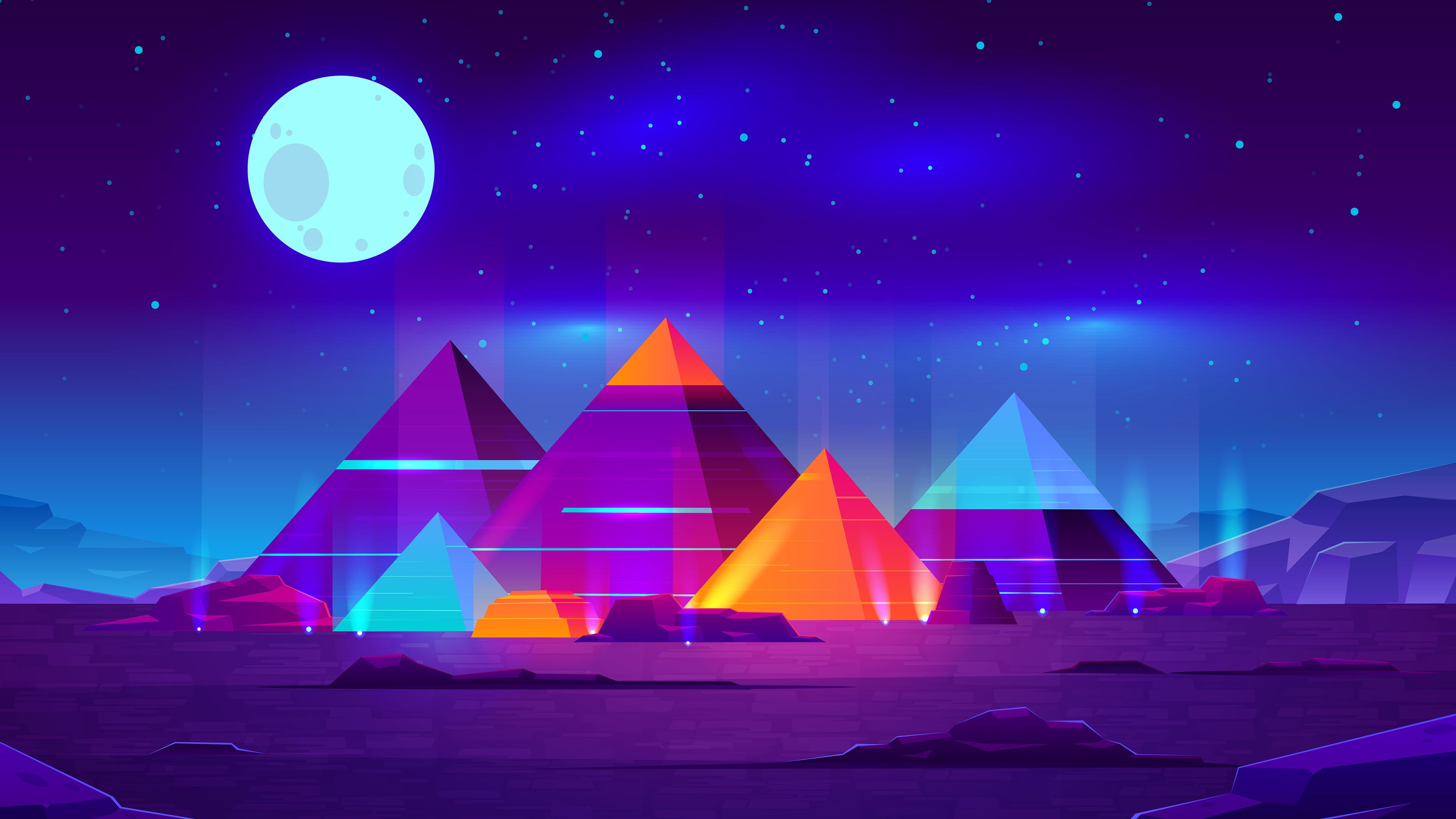 pyramid #Moon #neon digital art #stars #planet #night starry night D K # wallpaper #hdwall. Minimalist wallpaper, Minimalist landscape, Starry night wallpaper