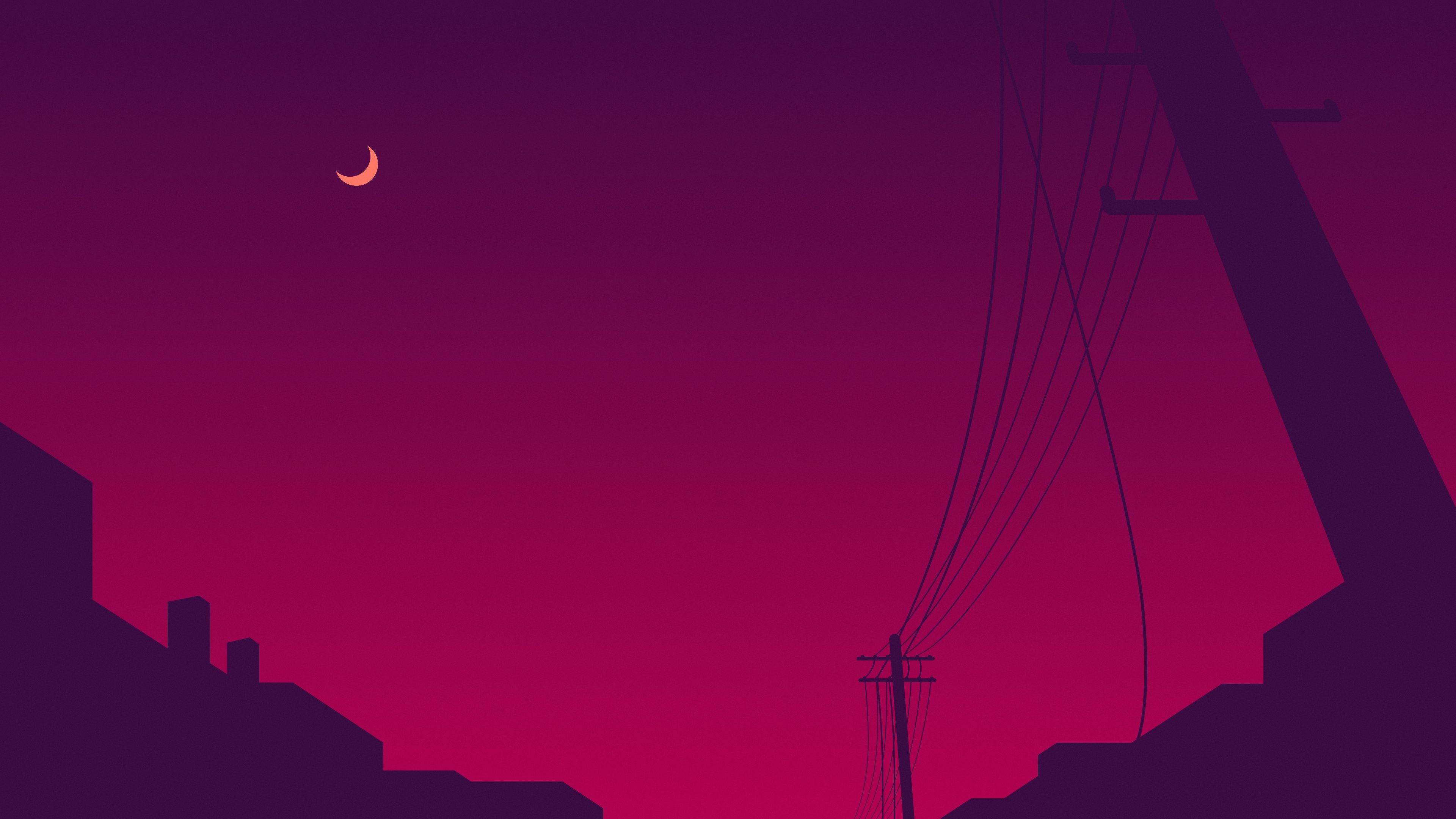 Wallpaper, night, minimalism, sky, power lines, Moon 3840x2160