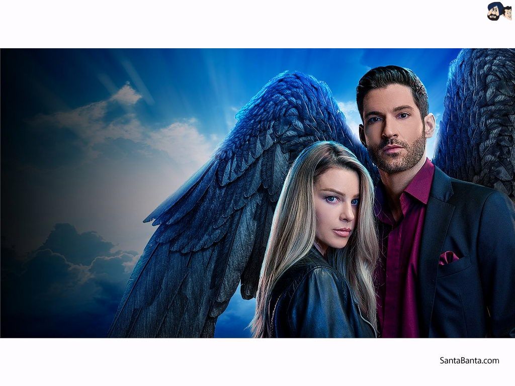 A graphical poster of Tom Ellis and Lauren German from Netflix`s urban fantasy series `Lucifer`