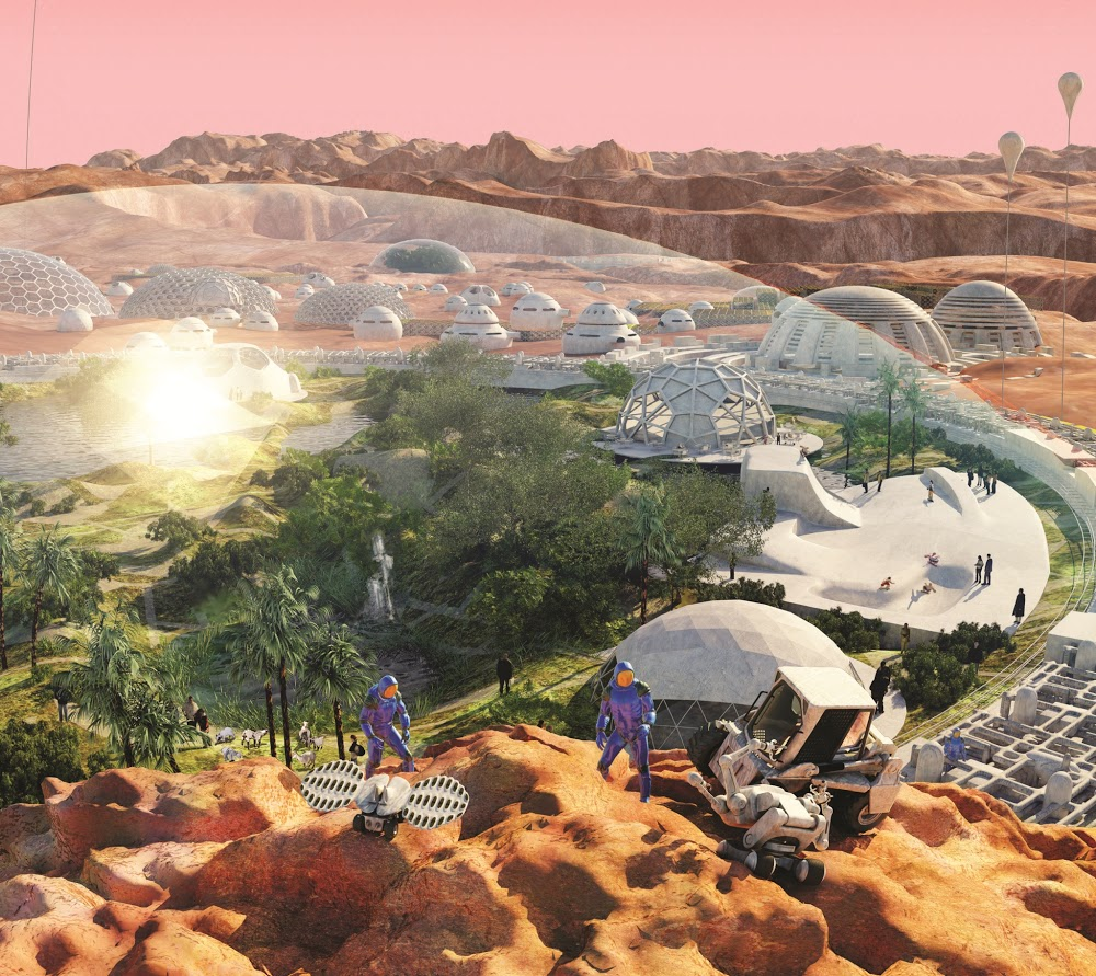 Human colony on Mars for Buzz Aldrin's Welcome to Mars book. Space colony concept, Futuristic city, Mars colony