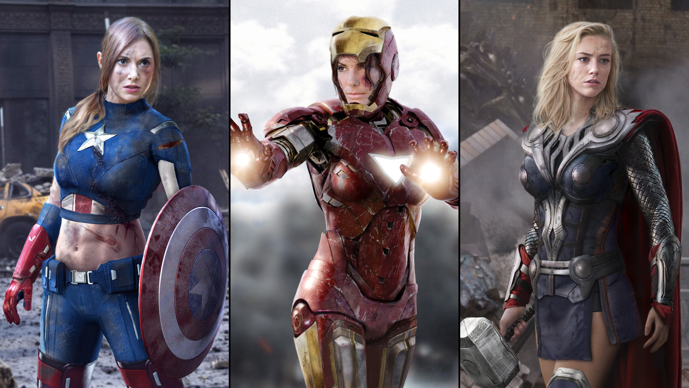 #superheroines, #Captain America, #Iron Man, #Amber Heard, #Thor, # collage, #Marvel Comics, #Photoshop, #Sandra Bullock, #Alison Brie, #photo manipulation, wallpaper. Mocah HD Wallpaper