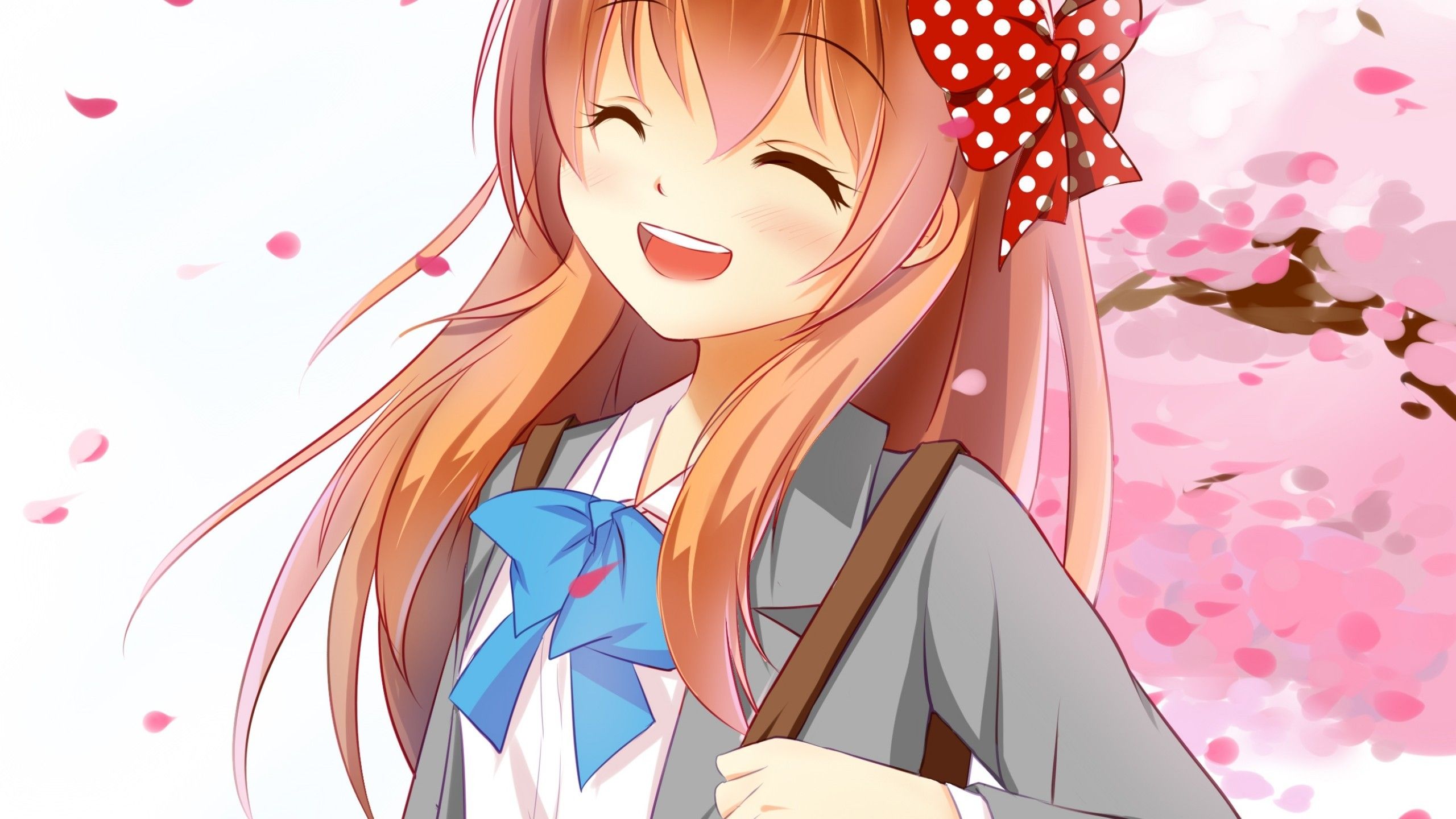 Download 2560x1440 Sakura Chiyo, Gekkan Shoujo Nozaki Kun, Smiling, Cherry Blossom, Orange Hair, School Uniform Wallpaper For IMac 27 Inch