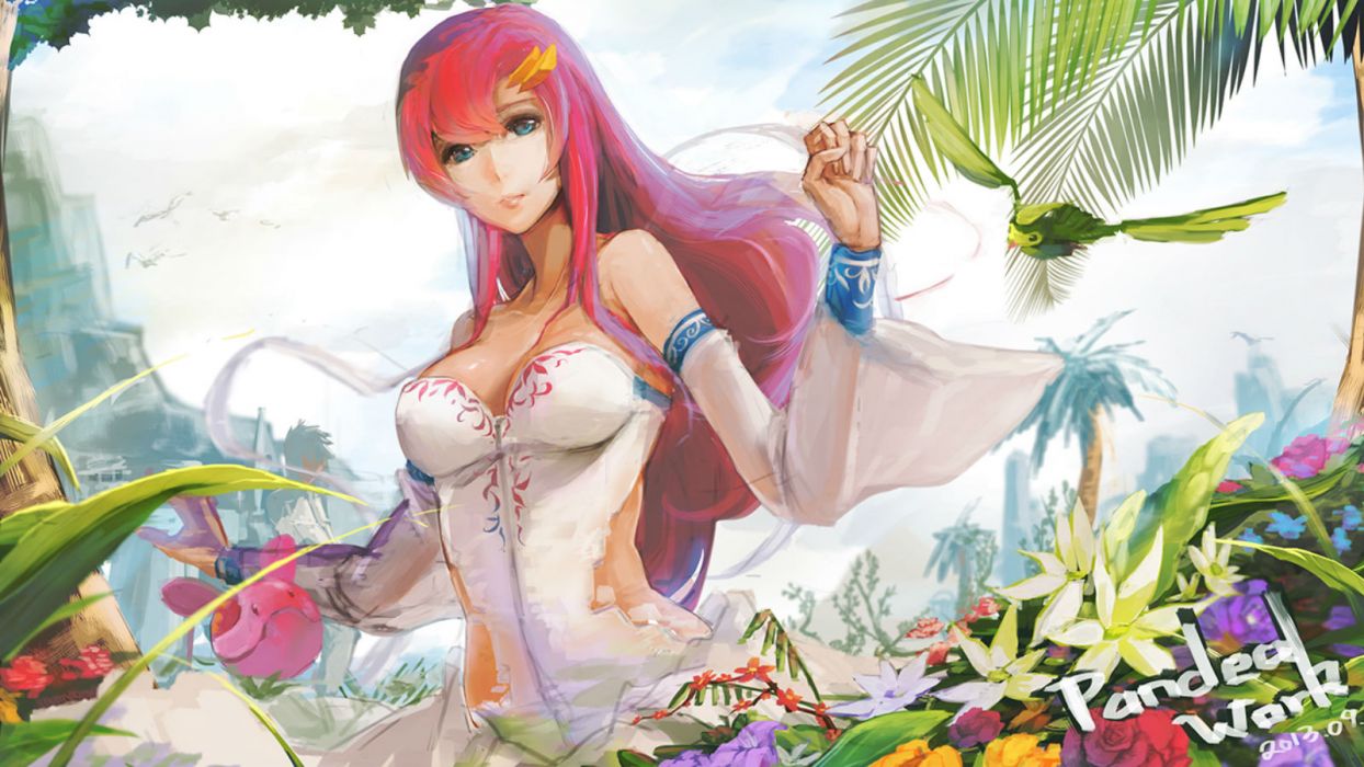 Mobile suit gundam blue eyes cleavage dress flowers seed destiny lacus clyne mobile suit gundam red hair sky of morika wallpaperx900