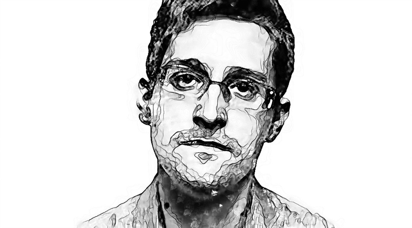 Wallpaper, face, drawing, painting, people, illustration, portrait, cartoon, moustache, head, Edward Snowden, arm, sketch, black and white, monochrome photography, 1389x768 px 1389x768