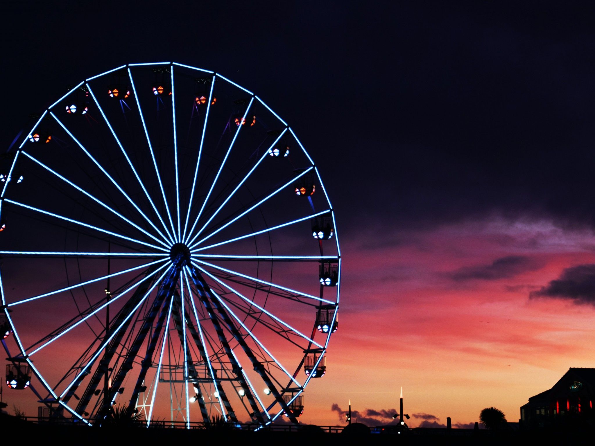 Ferris wheel 4K Wallpaper, Silhouette, Sunset, Neon Lights, Amusement park, Purple sky, Photography