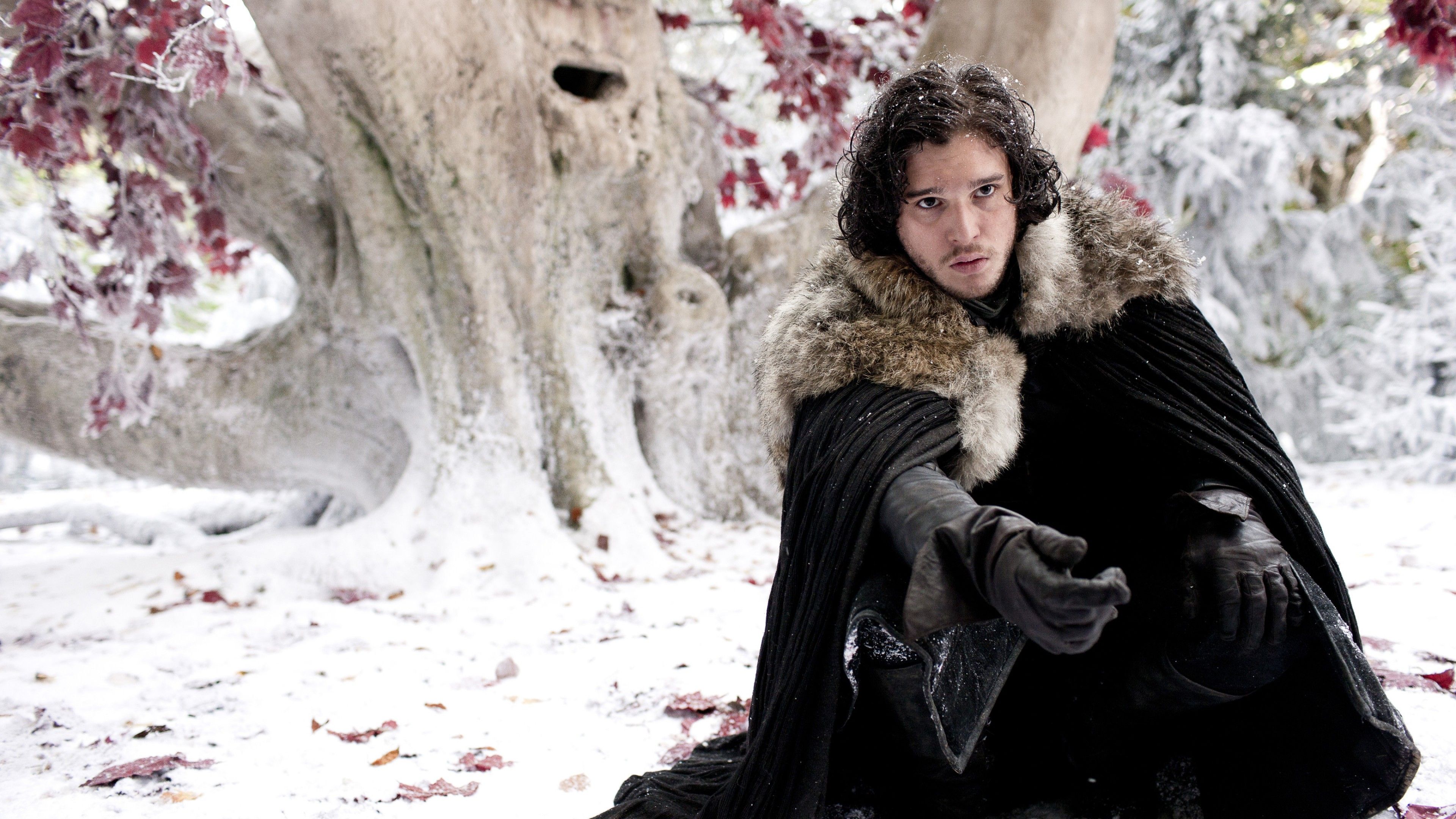 Wallpaper Kit Harington, Actor, John Snow, snow, tree, leaves, black cloak, Celebrities