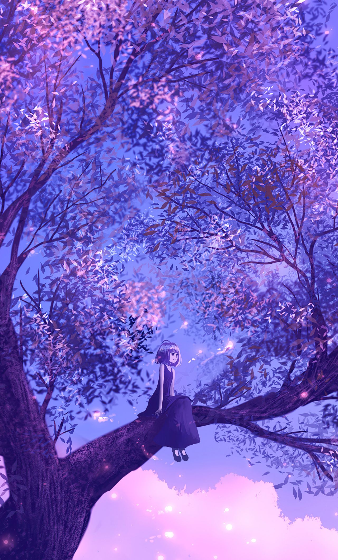 Anime Girl Sitting On Purple Big Tree 4k iPhone HD 4k Wallpaper, Image, Background, Photo and Picture