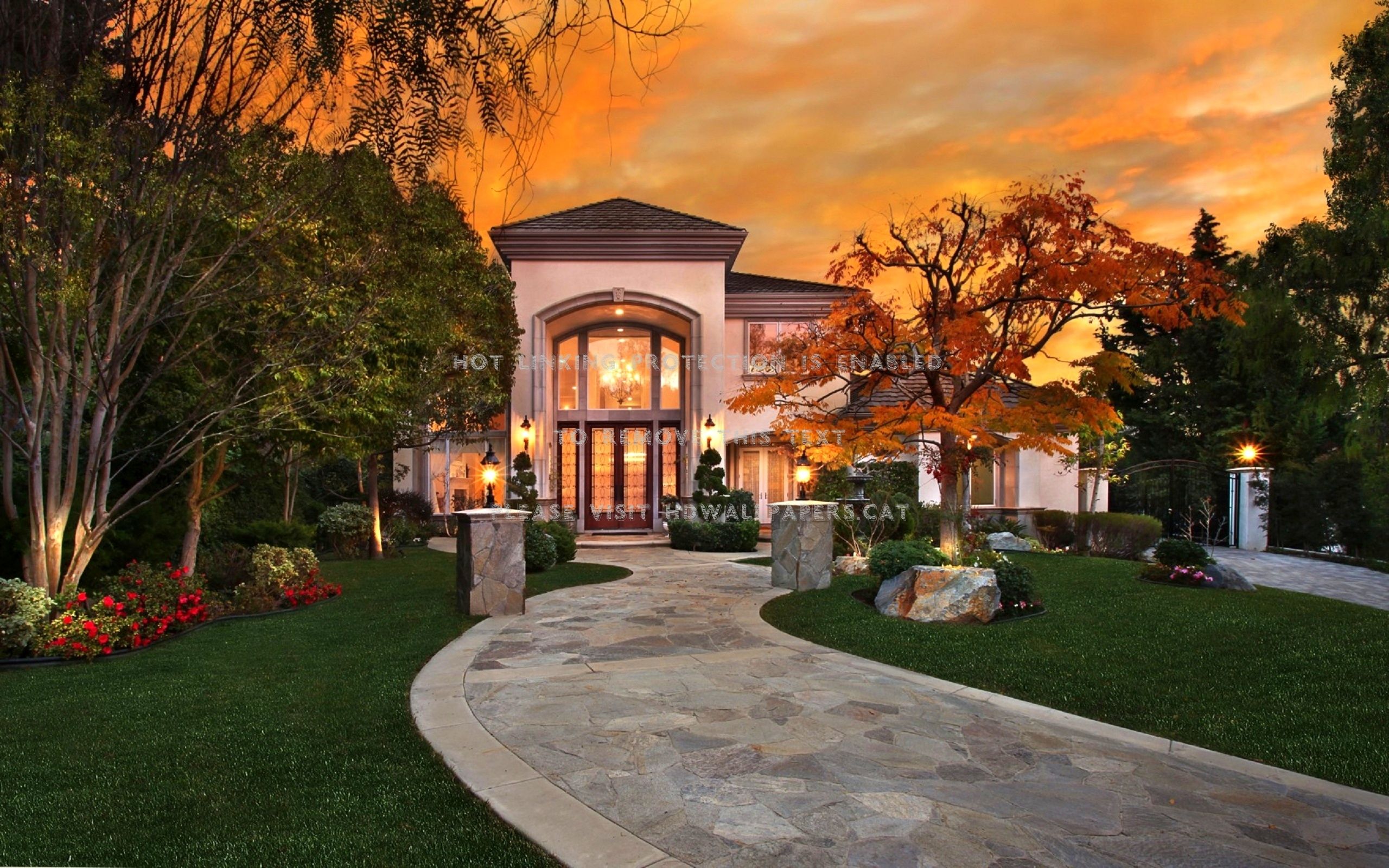 Autumn Sunset Houses Beautiful Lawn Mansion 4k HD Wallpaper