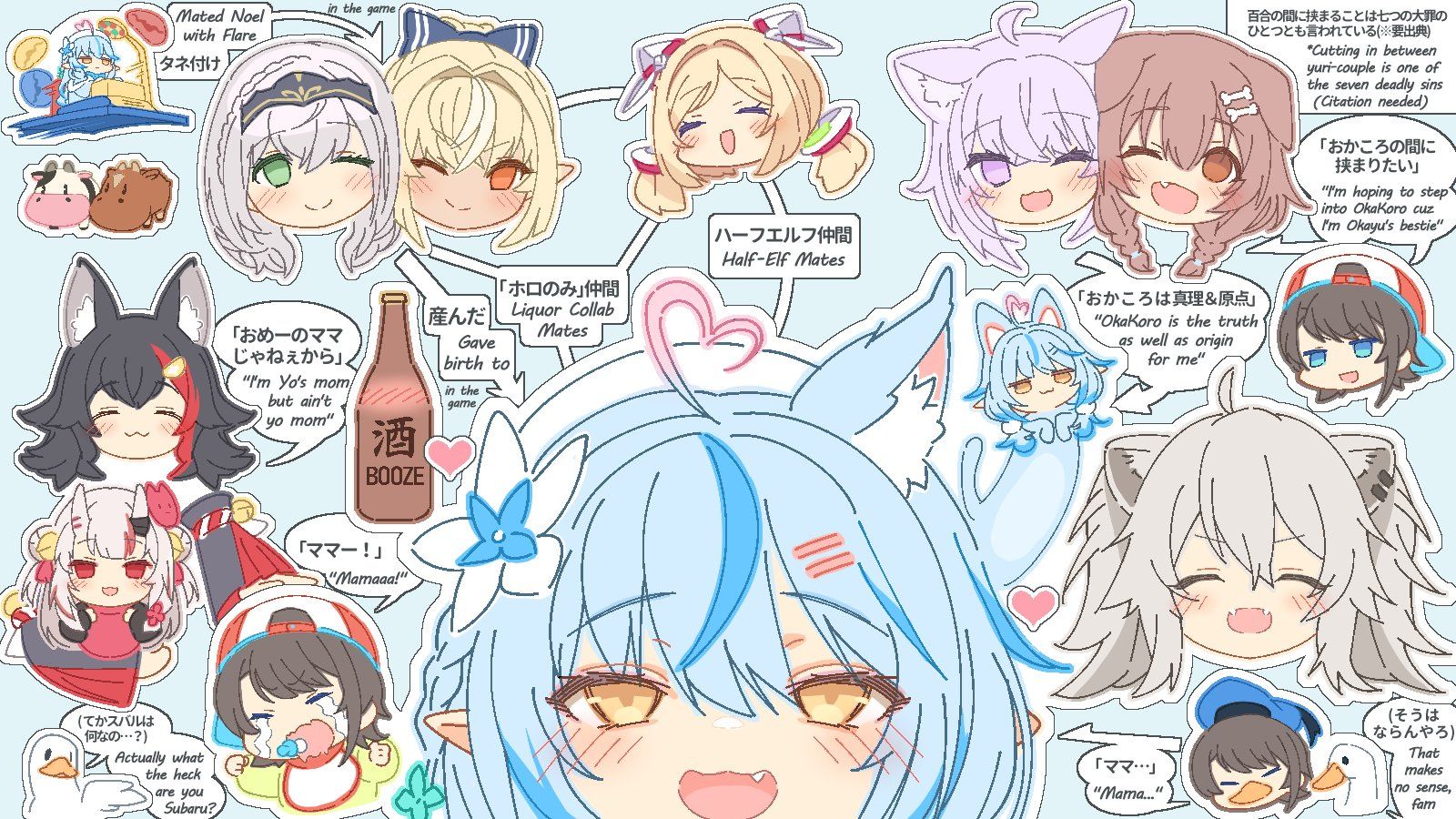 inugami korone, nekomata okayu, ookami mio, shirogane noel, nakiri ayame, and 6 more (hololive and 1 more) drawn