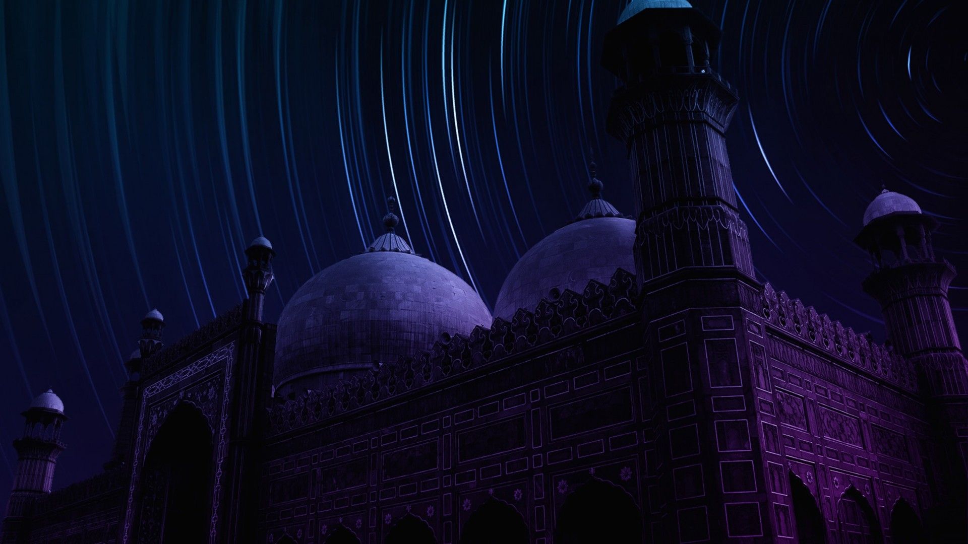 Badshahi Mosque 4K Wallpaper, Lahore, Pakistan, Masjid, Star Trails, Dark background, Night time, World