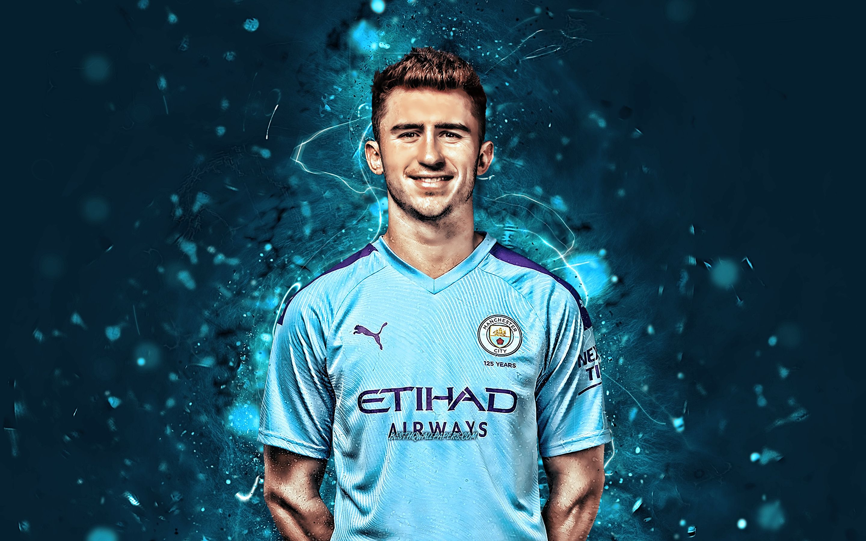 Download wallpaper Aymeric Laporte, season 2019- French footballers, defender, Manchester City FC, neon lights, Aymeric Jean Louis Gerard Alphonse Laporte, soccer, Premier League, football, Man City for desktop with resolution 2880x1800. High