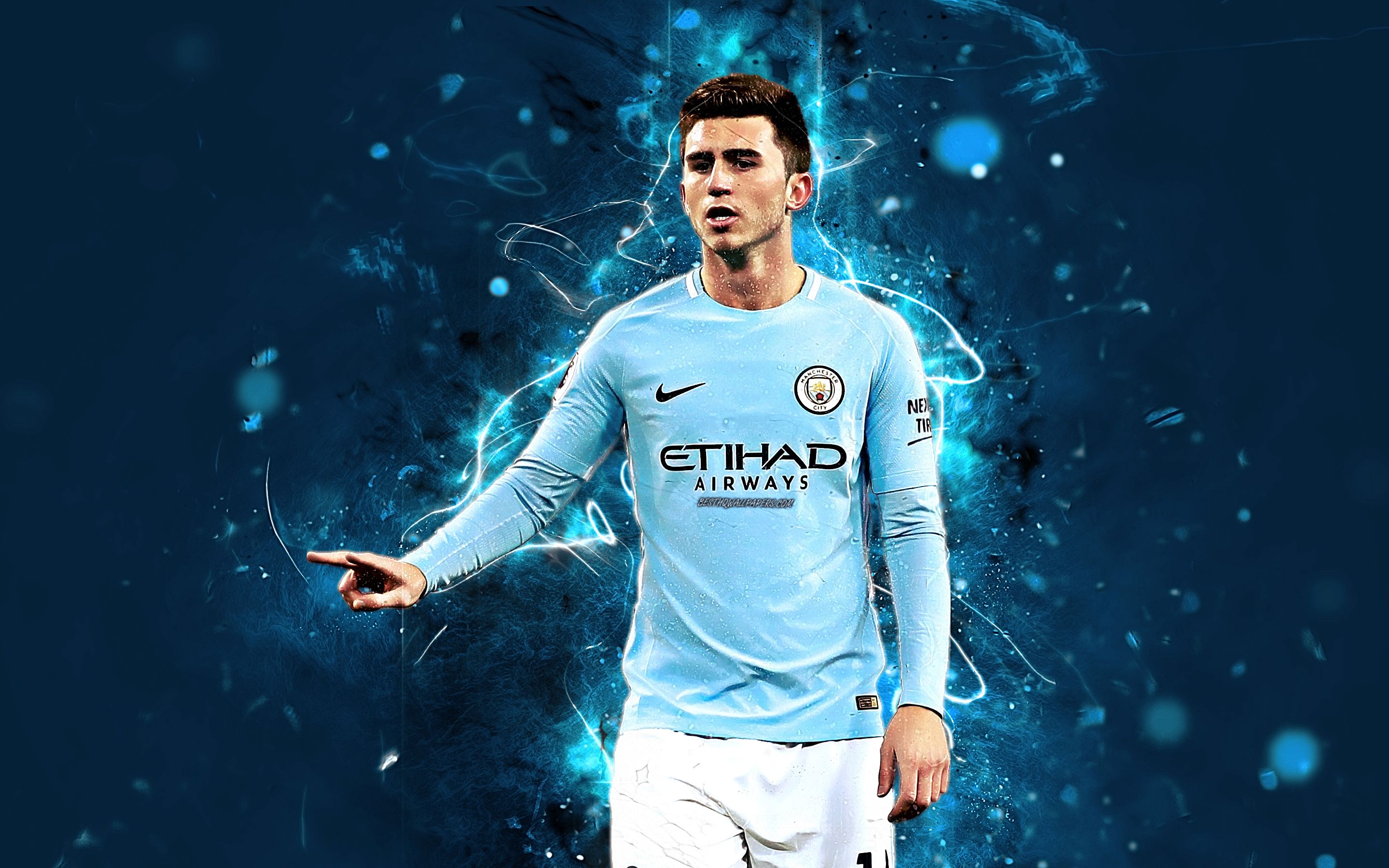 Download wallpaper Aymeric Laporte, French footballer, Manchester City FC, soccer, Laporte, Premier League, Man City, neon lights for desktop with resolution 2880x1800. High Quality HD picture wallpaper