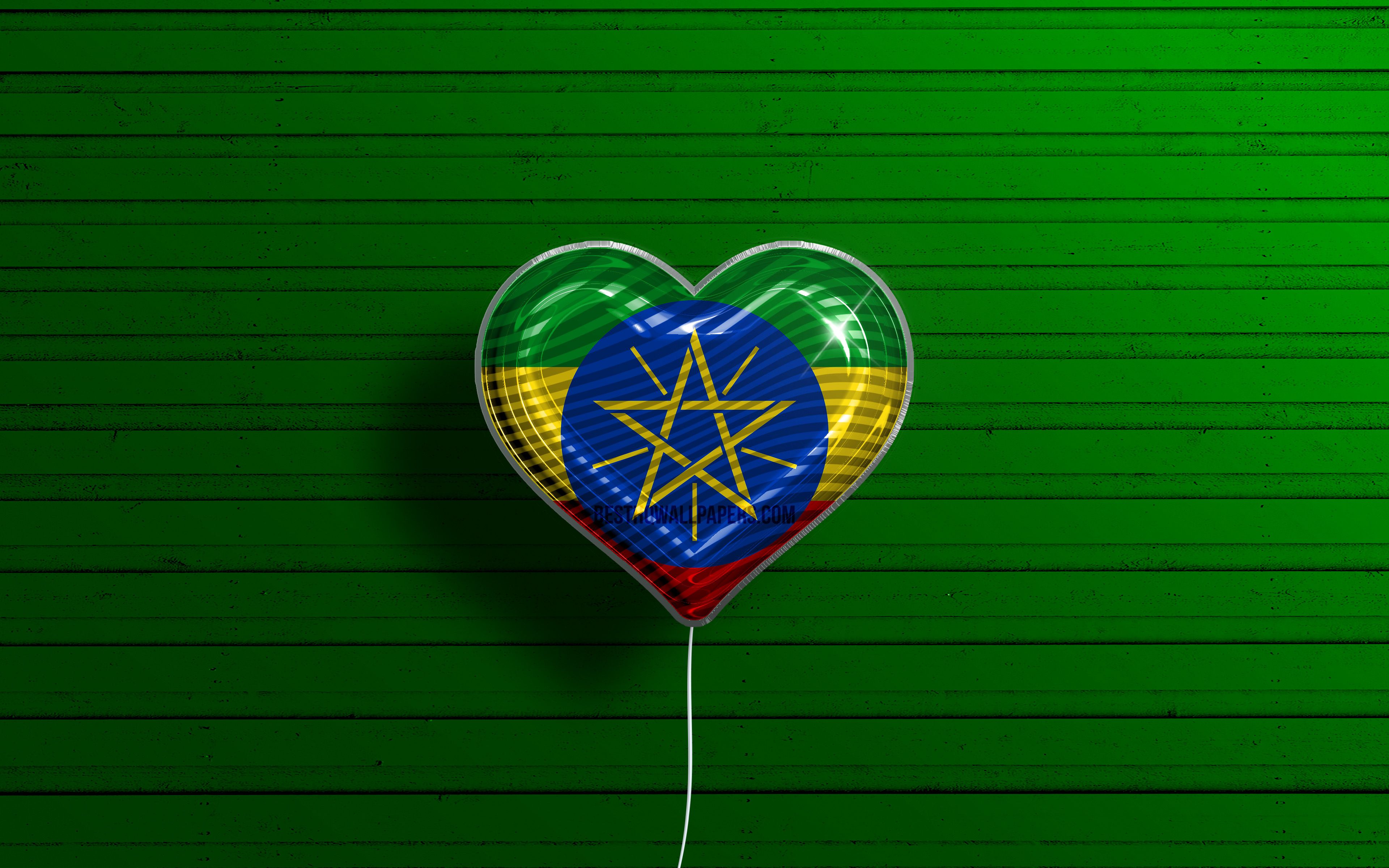 Download wallpaper I Love Ethiopia, 4k, realistic balloons, green wooden background, African countries, Ethiopian flag heart, favorite countries, flag of Ethiopia, balloon with flag, Ethiopian flag, Uganda, Love Ethiopia for desktop with