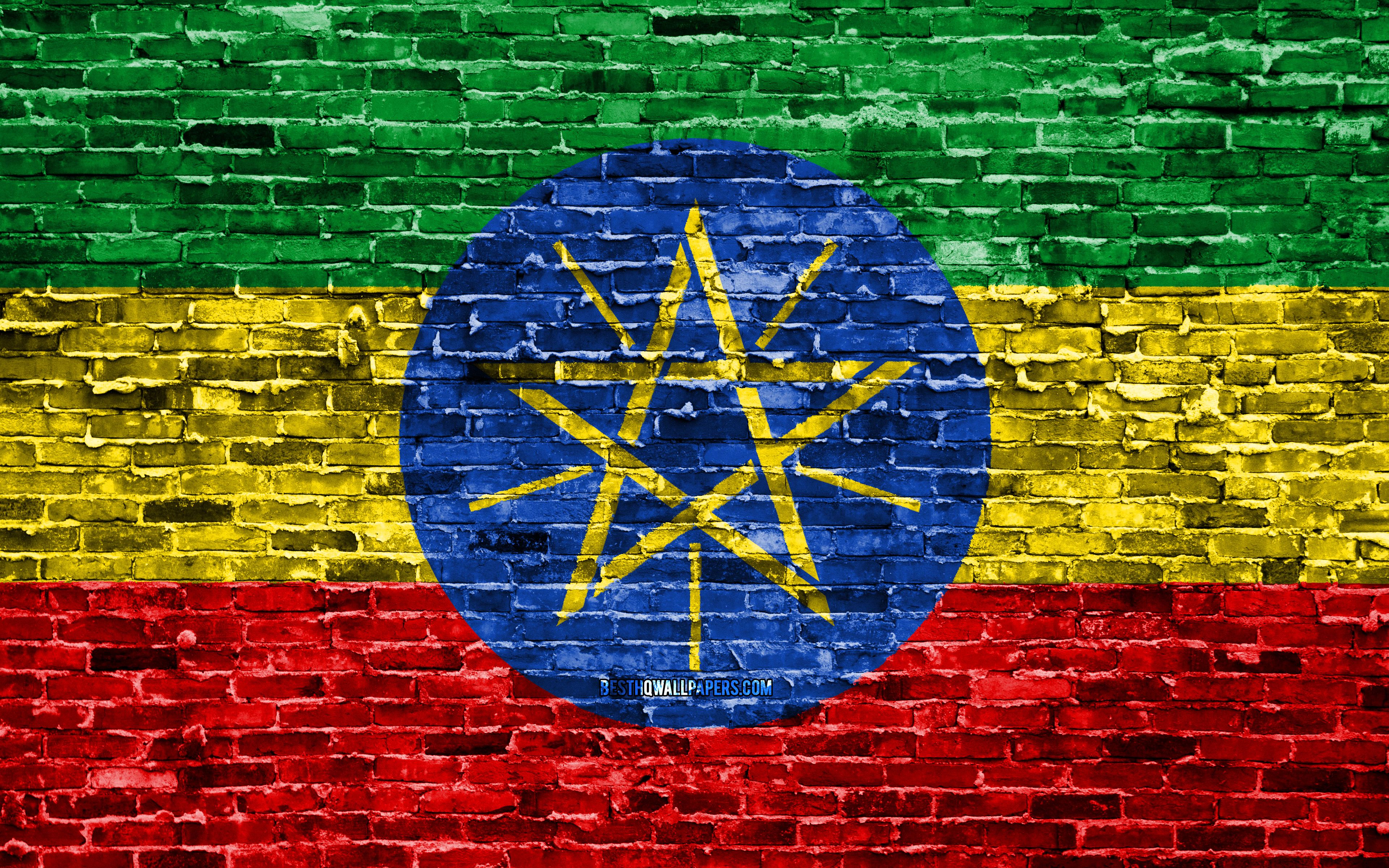 Download wallpaper 4k, Ethiopian flag, bricks texture, Africa, national symbols, Flag of Ethiopia, brickwall, Ethiopia 3D flag, African countries, Ethiopia for desktop with resolution 3840x2400. High Quality HD picture wallpaper