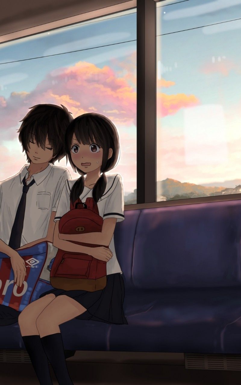 Download 800x1280 Anime Couple, Train Trip, Romance, School Uniform, Shy Expression Wallpaper for Galaxy Note, Samsung Galaxy Tab 2 10.1, Samsung Galaxy Tab 10.1, Galaxy Note 10.1, Asus Nexus 7