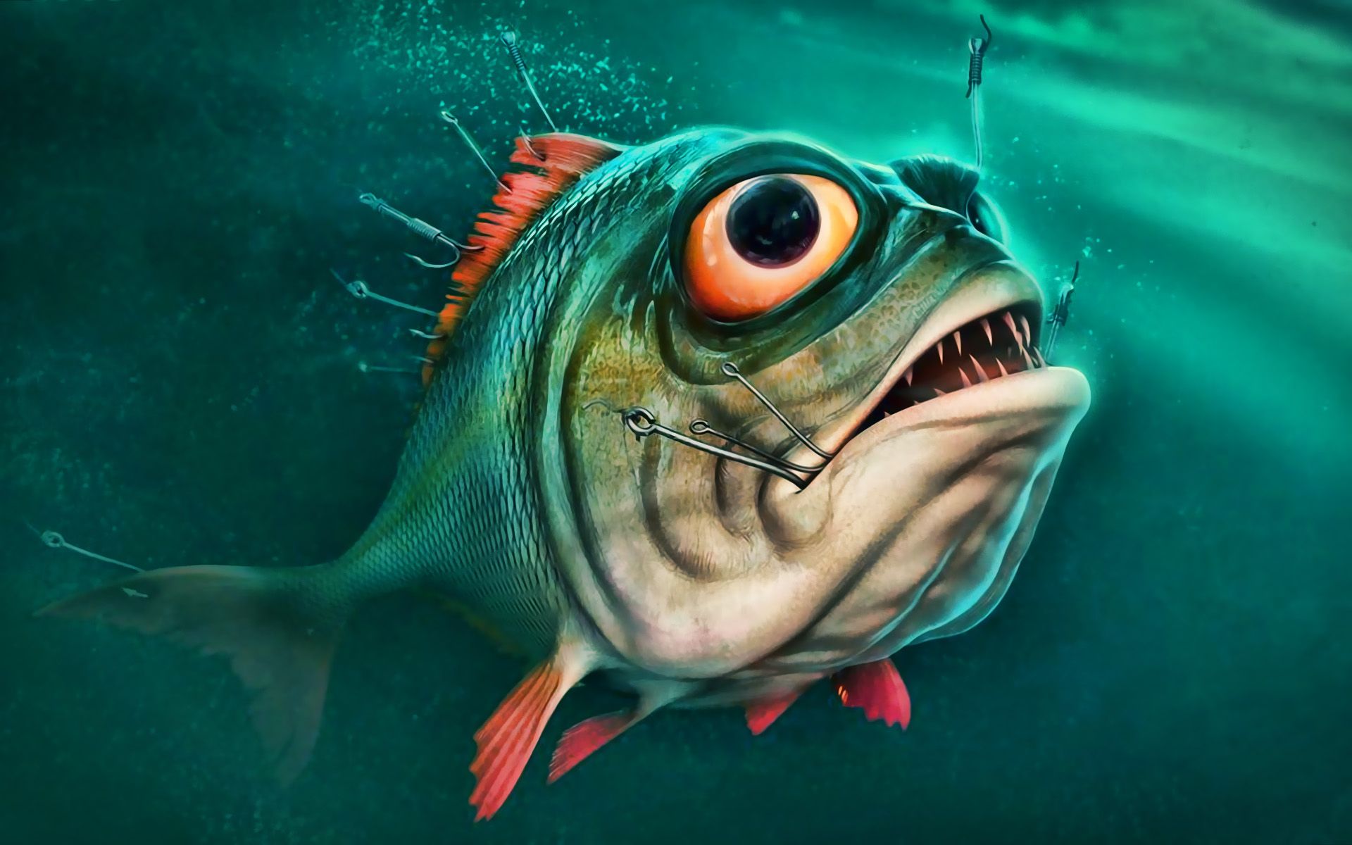 Download wallpaper cartoon piranha, 3D art, underwater world, predator, cartoon fish, piranha for desktop with resolution 1920x1200. High Quality HD picture wallpaper