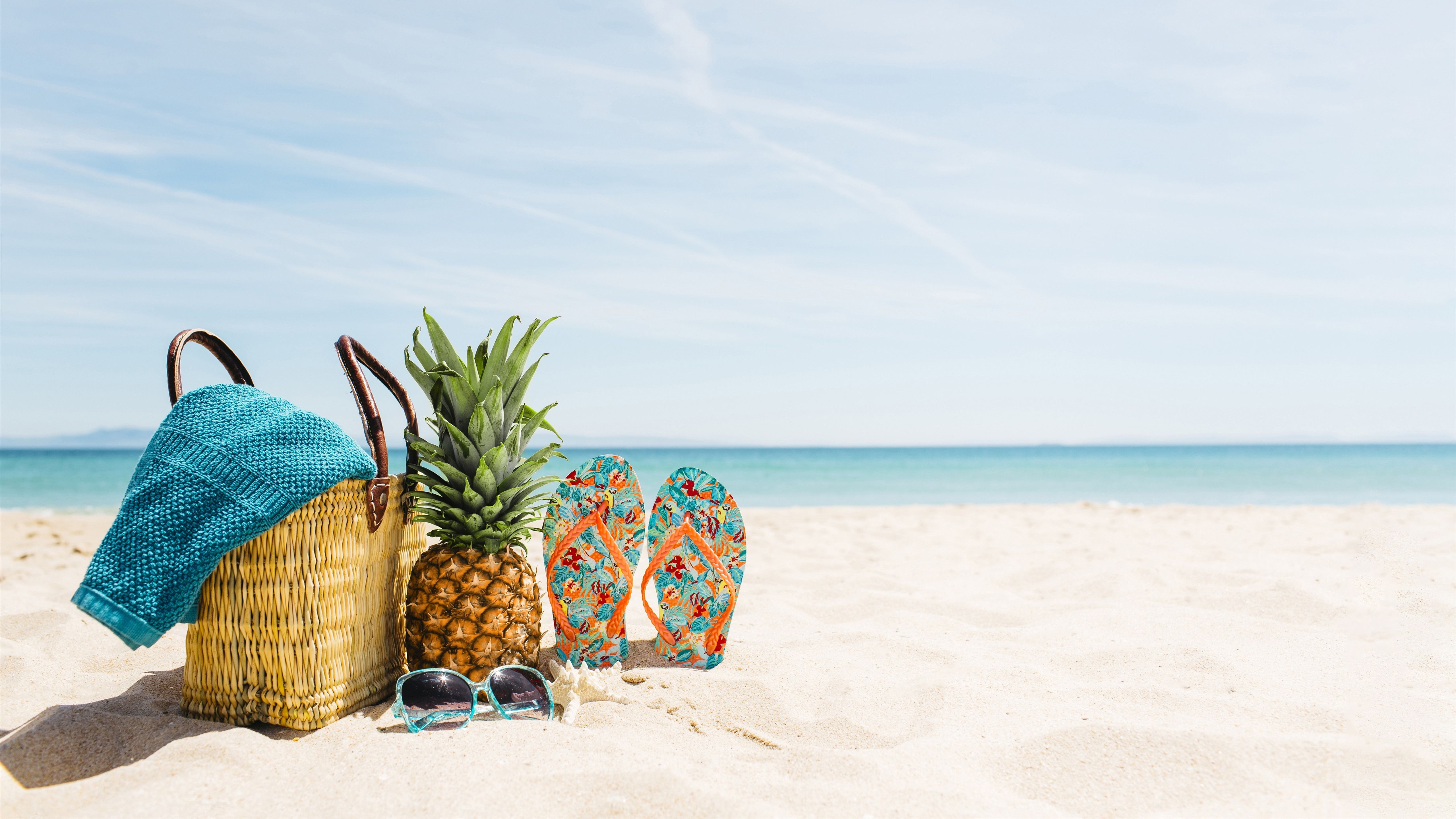 Wallpaper Beach, summer, sea, sunglasses, pineapple, flops, basket 5120x2880 UHD 5K Picture, Image