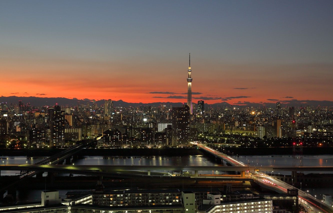 Wallpaper Tokyo, Japan, twilight, sunset, clouds, hills, dusk, silhouette, Tokyo Skytree image for desktop, section город