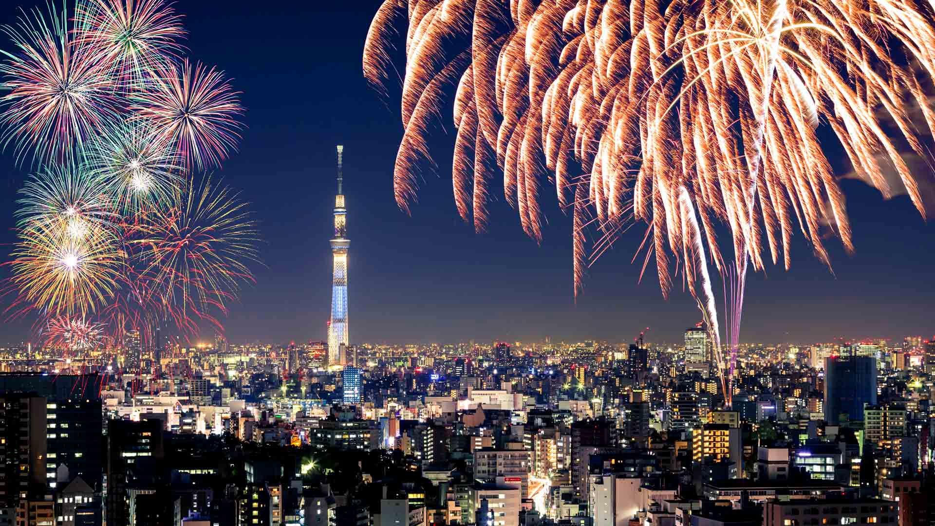 Building City Cityscape Fireworks Horizon Japan Night Skyscraper Tokyo Tokyo Skytree Wallpaper:1920x1080