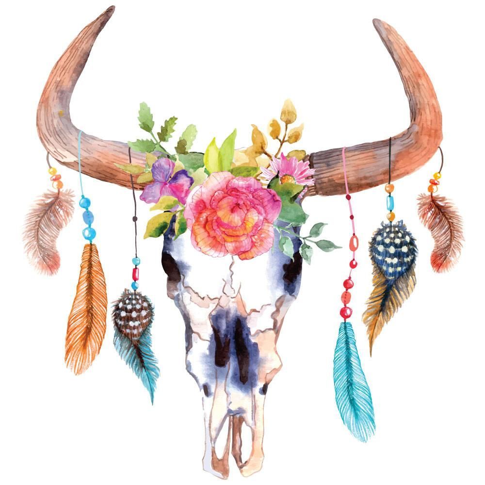 Bull Cow Skull Dreamcatcher Decal with Flowers and Feathers. Art, Bull skulls, Painting