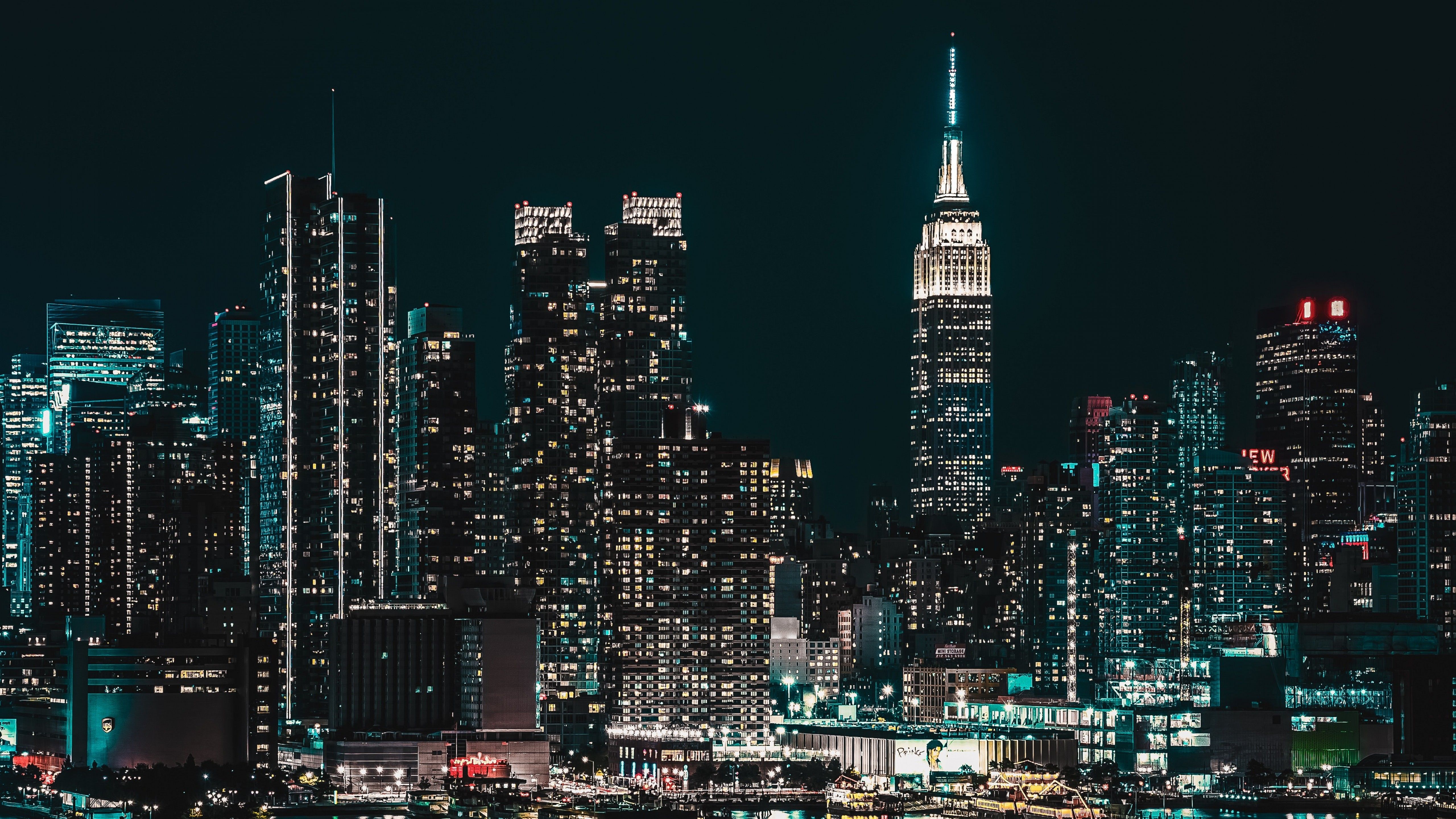 New York City Wallpaper 4K, Cityscape, Night, City lights, Half moon, World