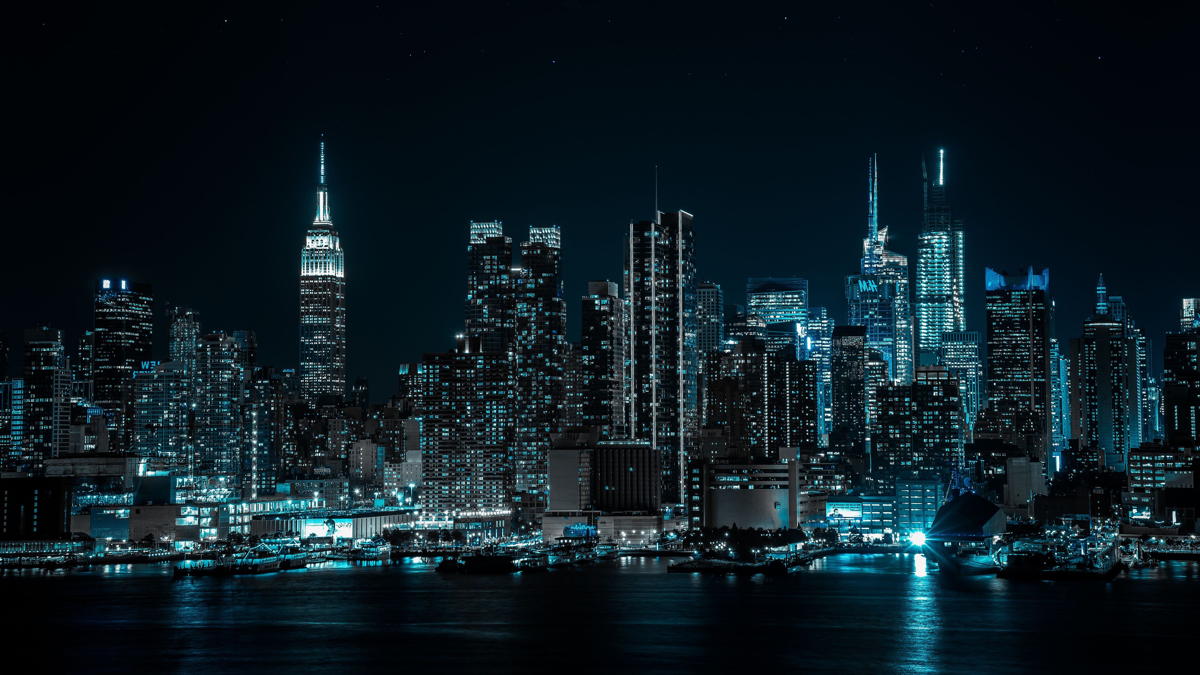 New York City, Cityscape, Night, City lights, Half moon, 4k Free deskk wallpaper, Ultra HD